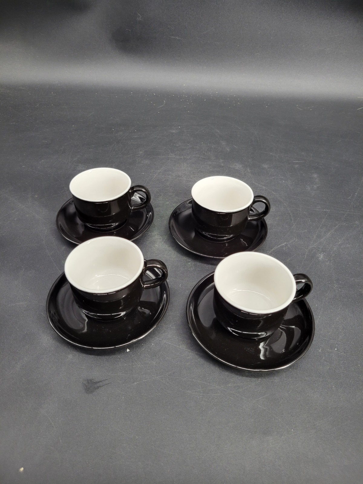 4 Black Glazed 2 1/8″ Teacup/Coffee Cup w/ Four 5″ Saucer Sets 8-Pieces Total