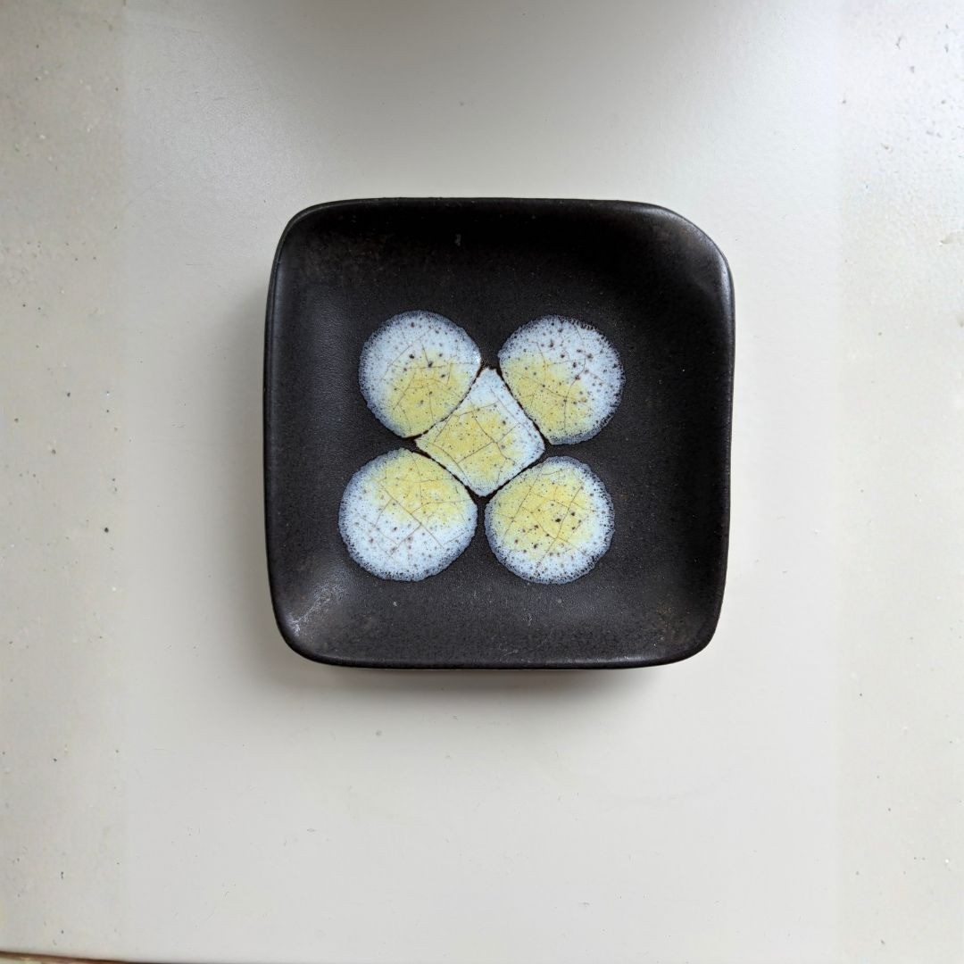 Mid Century Studio Pottery Trinket Dish Black Yellow Glaze Square