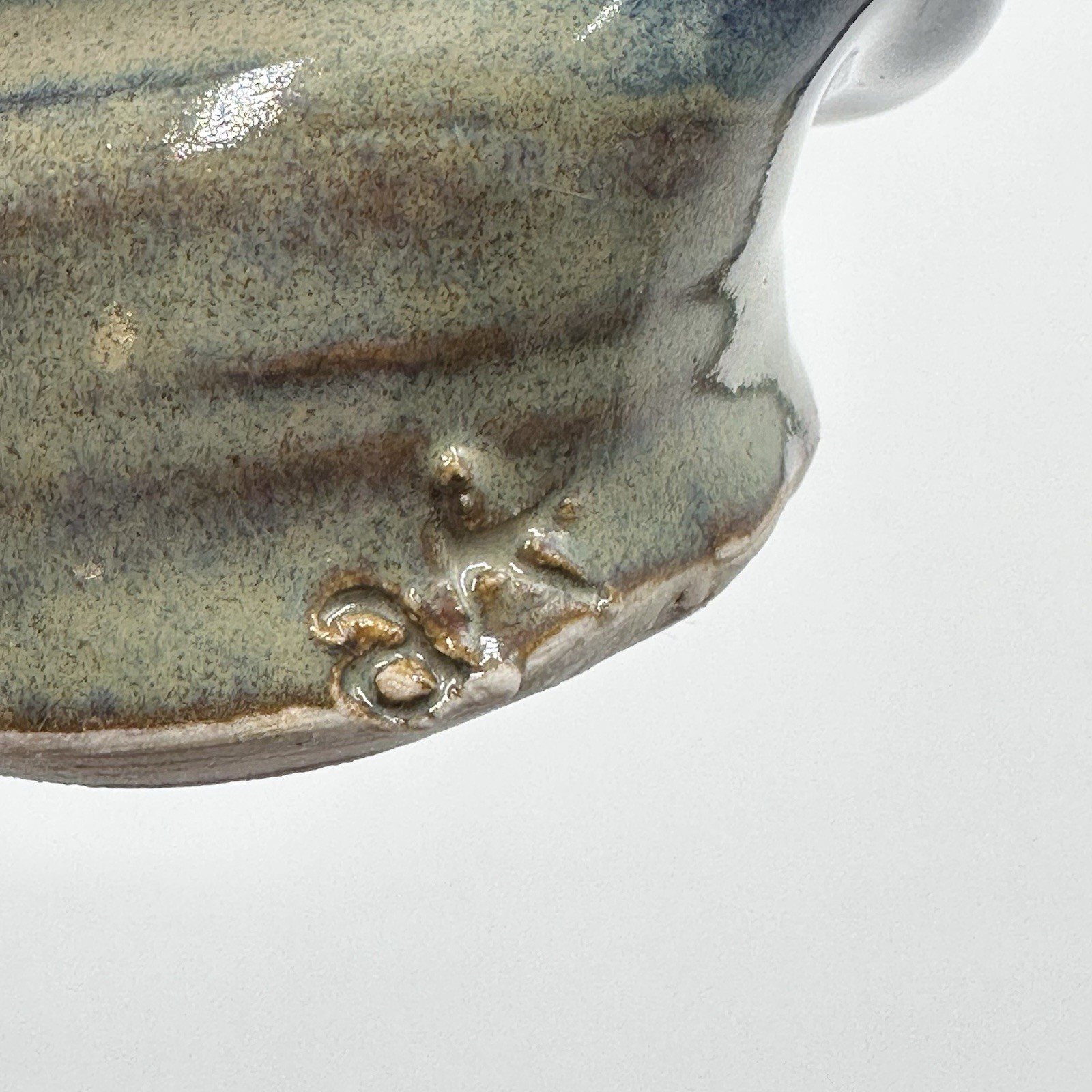 Studio Art Asymmetrical Warped Pottery Cup Blue Drip Glazed Artist Initialed