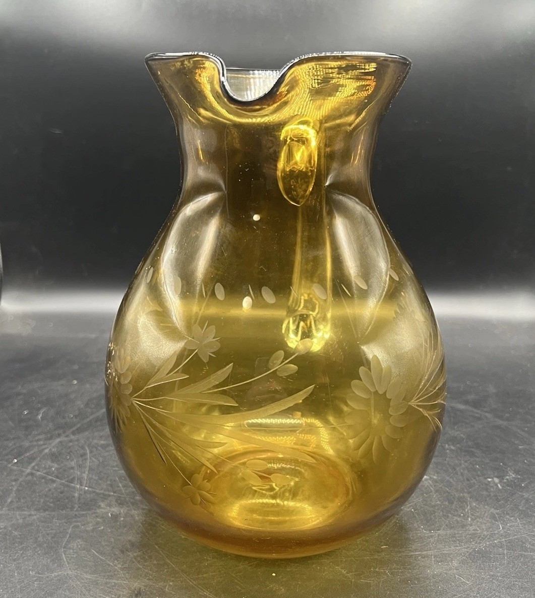 Pitcher Hand Blown Etched Glass Amber Applied Handle MCM 9.5” Vintage
