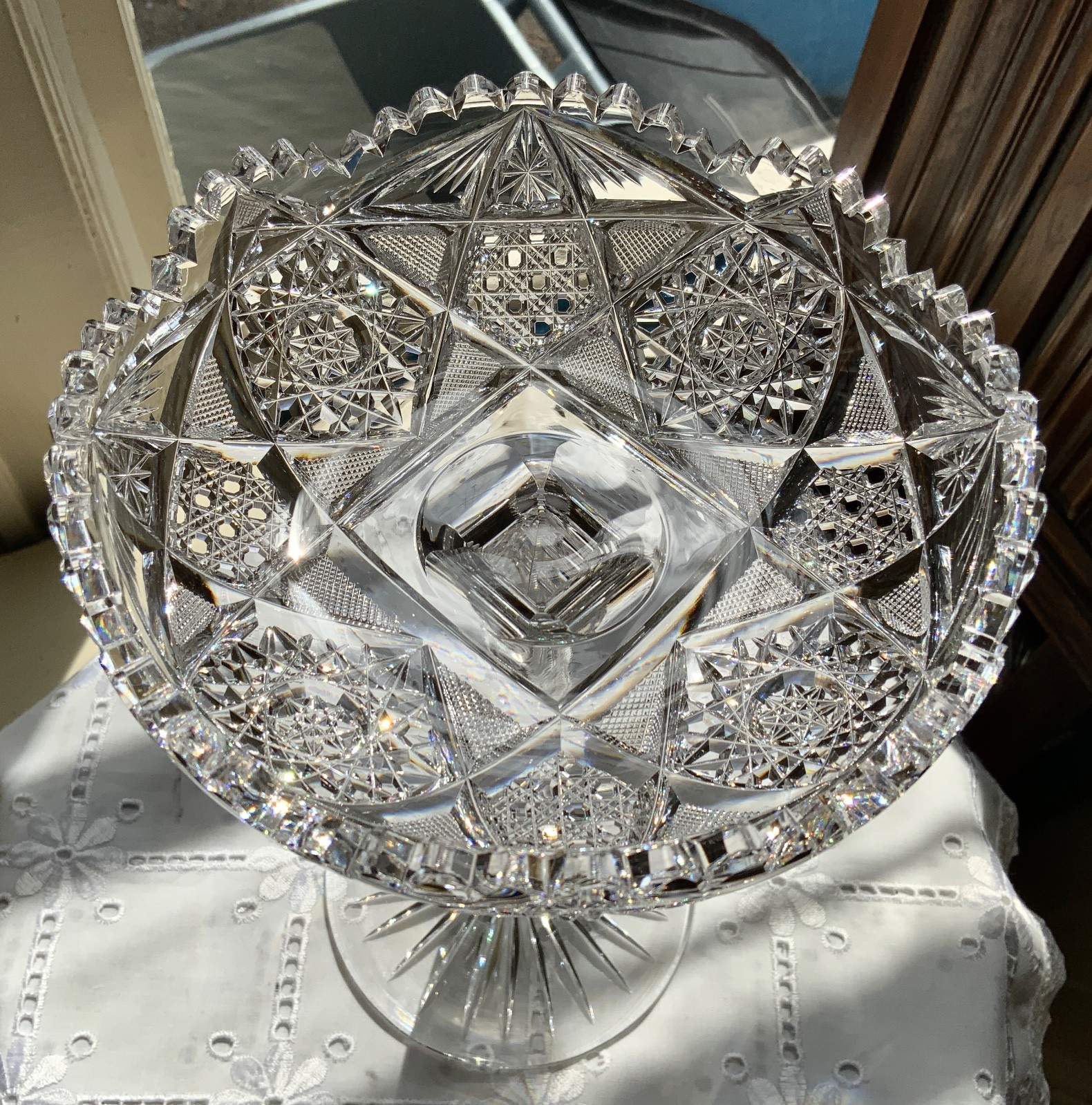 AMERICAN BRILLIANT CUT GLASS 10″ TWIST STEM COMPOTE / ATTRIB: LIBBEY C.1900-1910