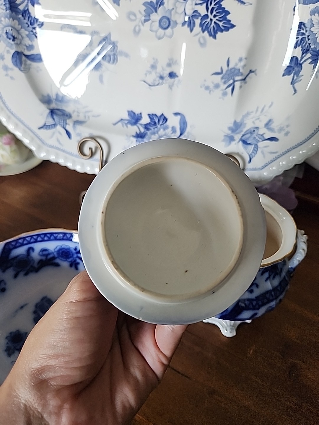 Rare Flow Blue Sugar Creamer And Bowl Trio Set Asian Motif Gold Band