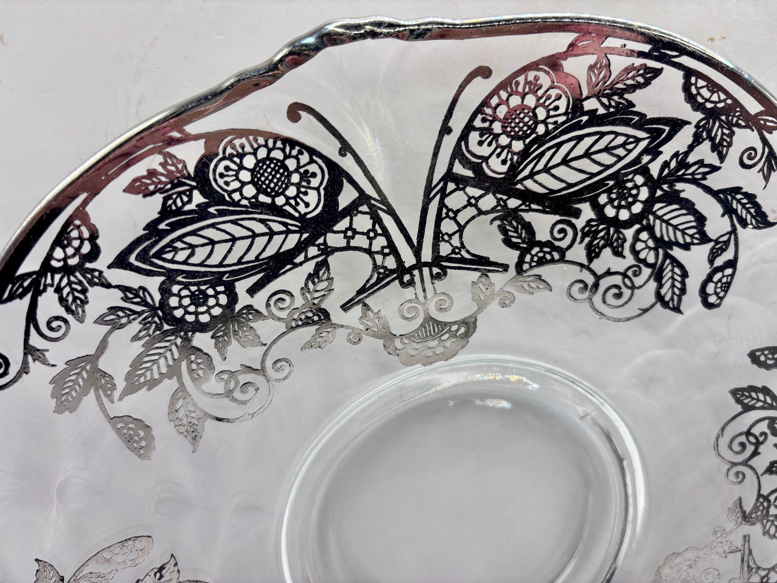 Platter Tray Sterling Silver Overlay on Clear Glass Vintage Butterfly Motif EVC
