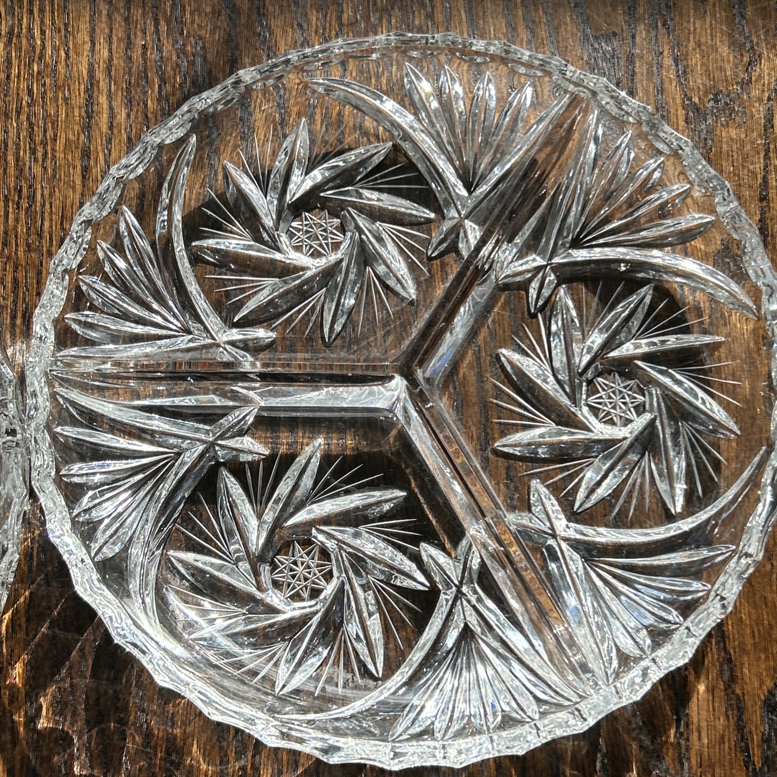 Vintage Pinwheel Lead Crystal 3 Compartment 8″ Round Relish Tray X2