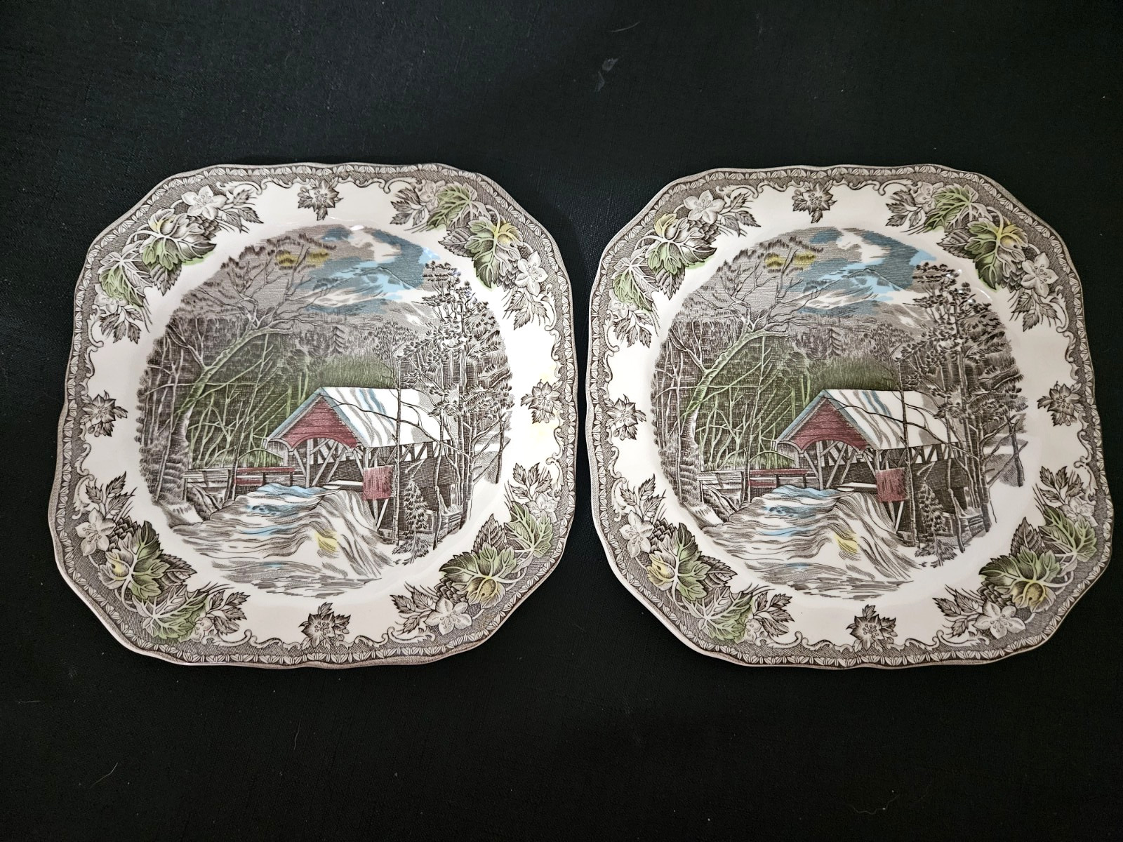 Lot of 2 Johnson Bros. Friendly Village The Covered Bridge Square Salad Plates