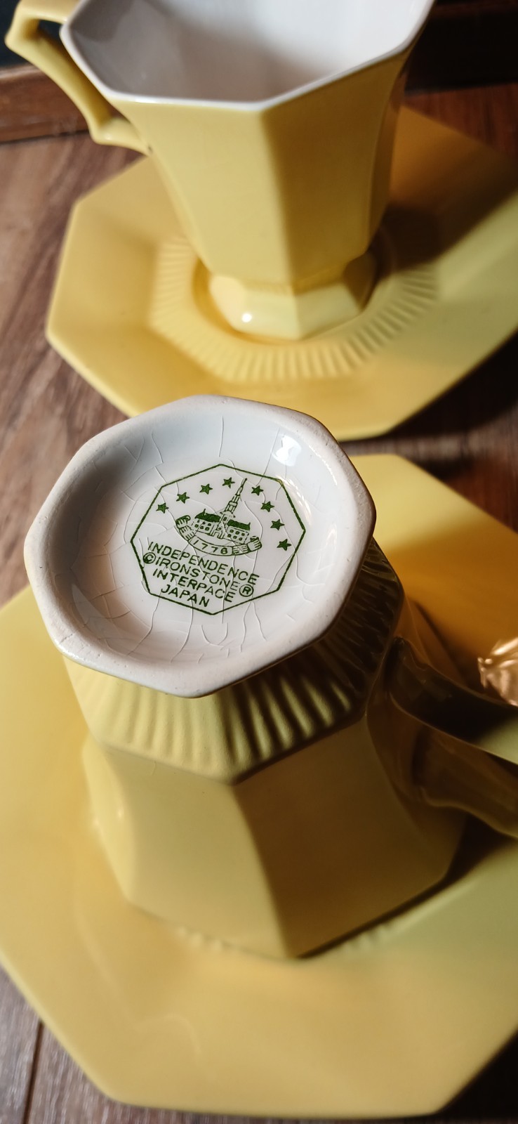 Independence Ironstone vintage daffodil yellow Tea Cup With Saucers Serves 4