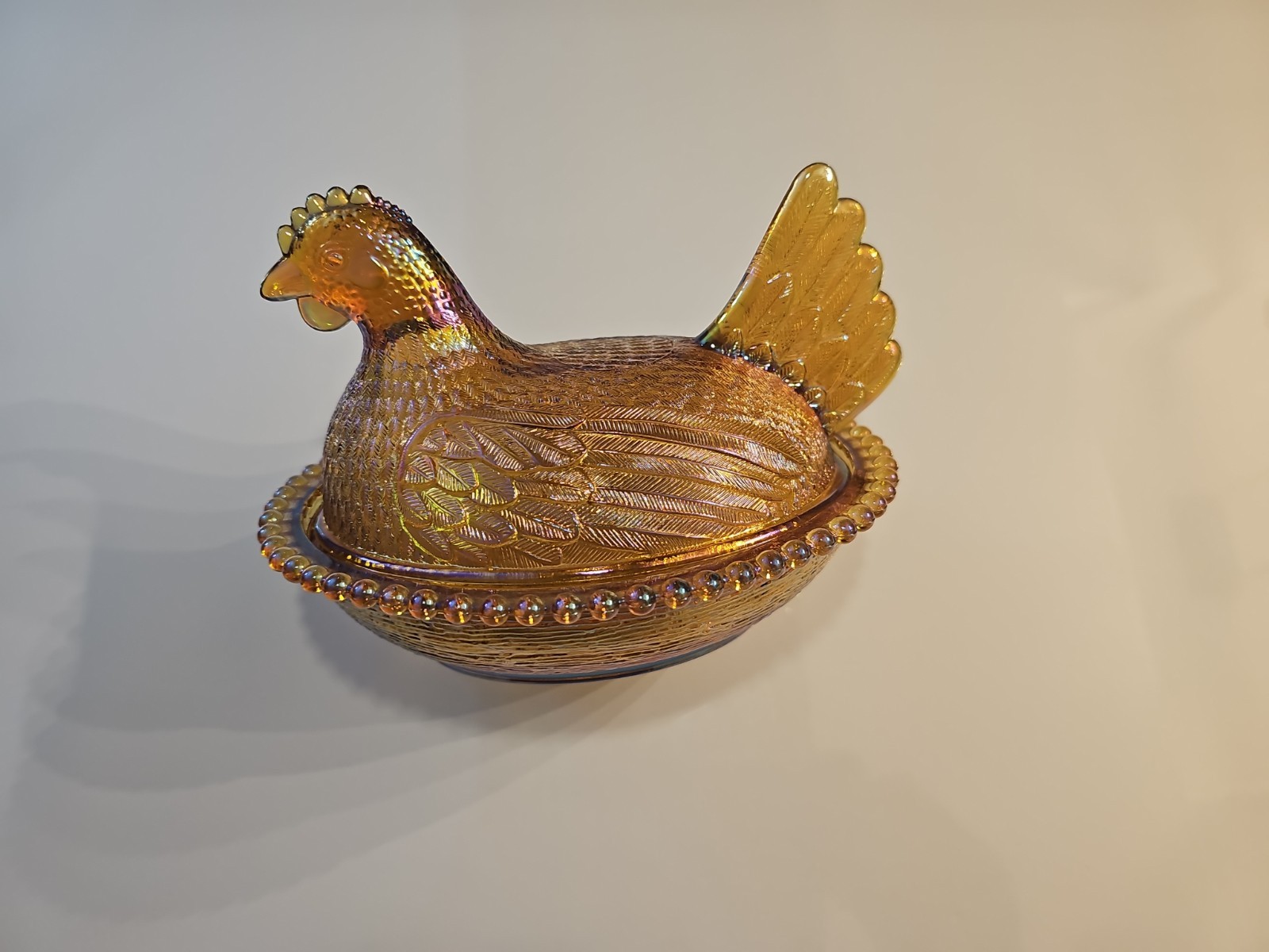 Vintage Indiana Golden Carnival Glass Hen on Nest Dish w/ Lid Oval Beaded Base
