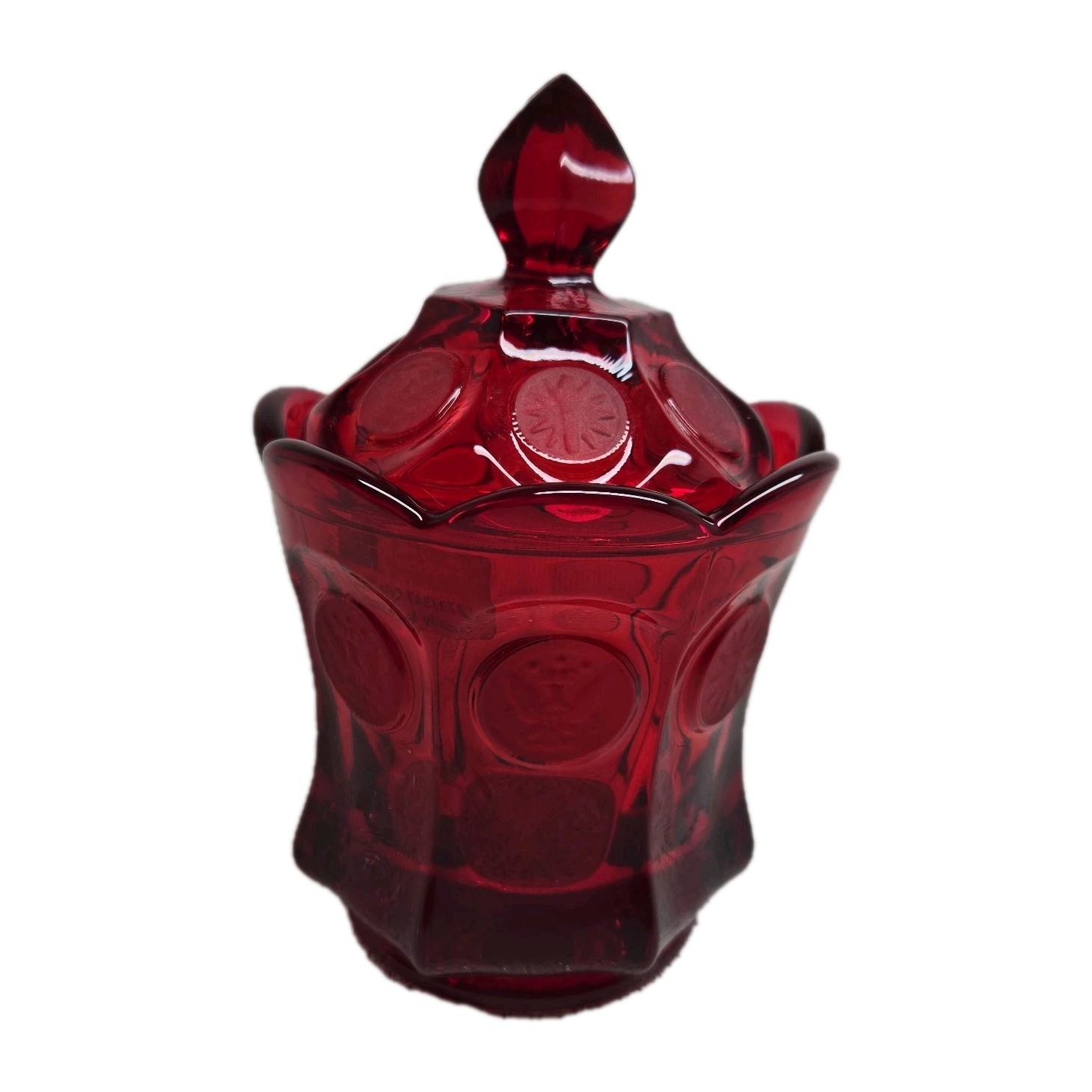 Vintage FOSTORIA Bicentennial Ruby Red Coin Glass Lidded Candy Dish 6.5 in EUC
