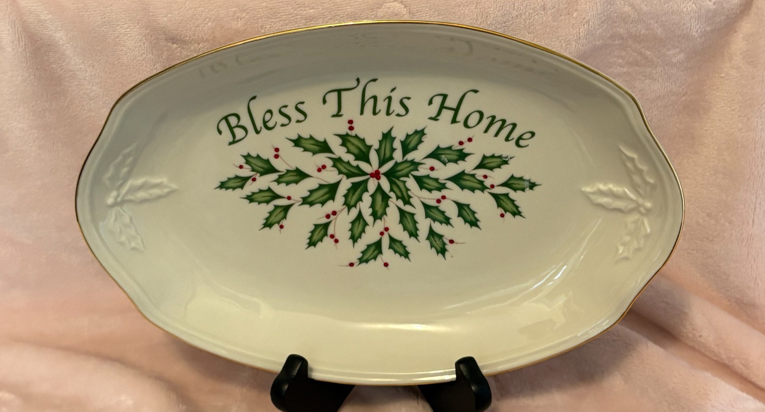 LENOX HOLIDAY SERVING DISH TRAY TRIMMED IN GOLD ” BLESS THIS HOME ” 11 ” x 7.5 “
