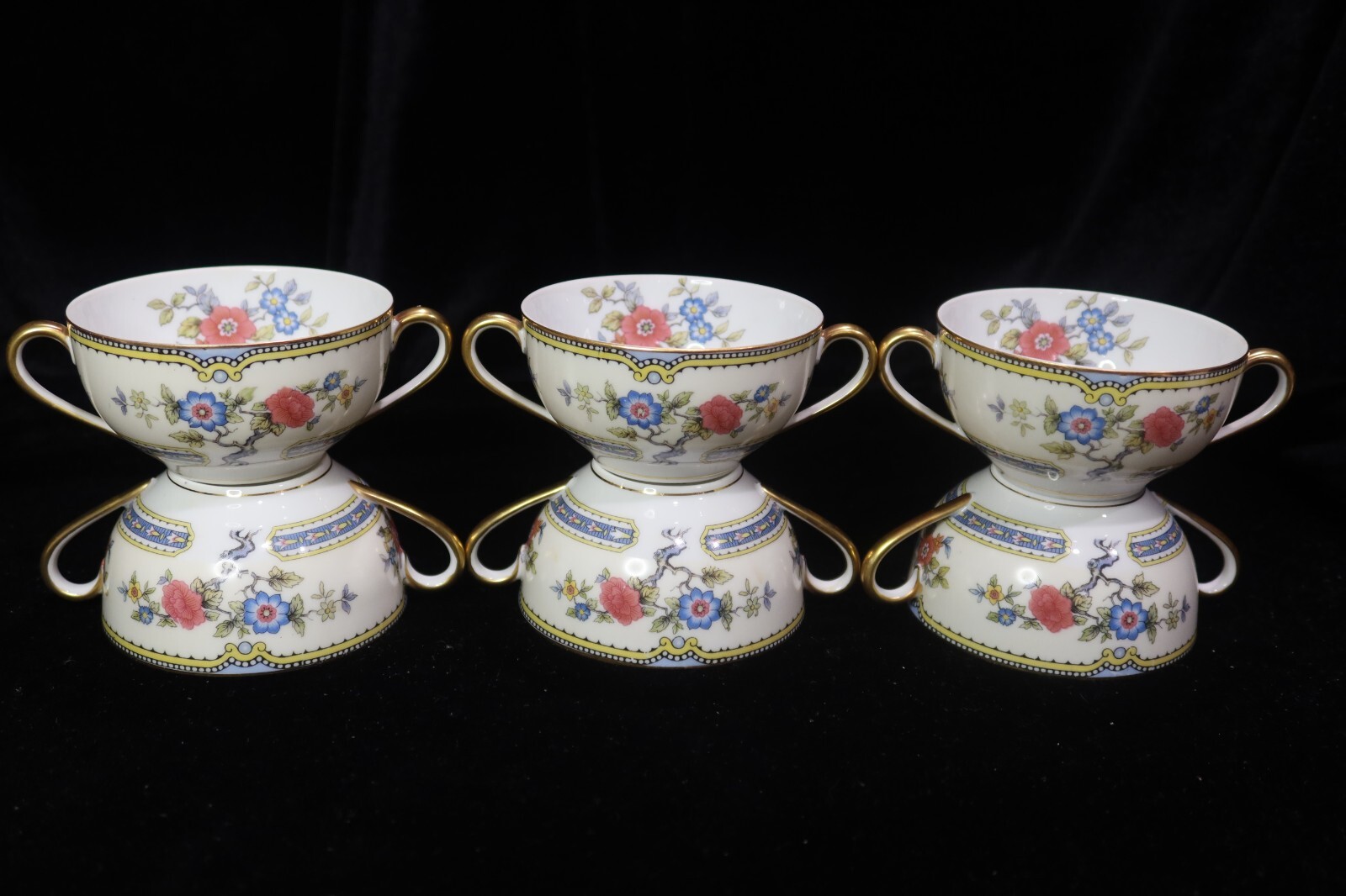 Noritake Mayflower 6 Cream Soup Bowls Rust & Blue Flowers Gold Trim 3 5/8″ Wide
