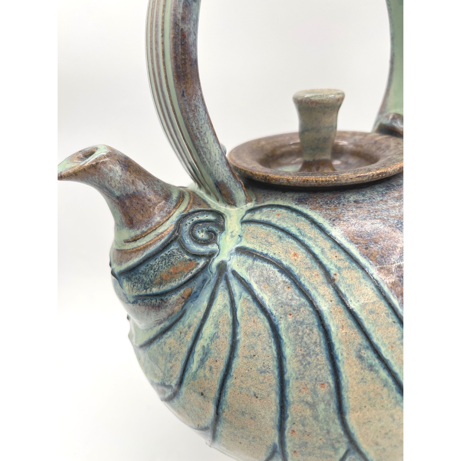 Artisan studio Pottery Teapot Signed large Glazed Stoneware Blue Green vtg