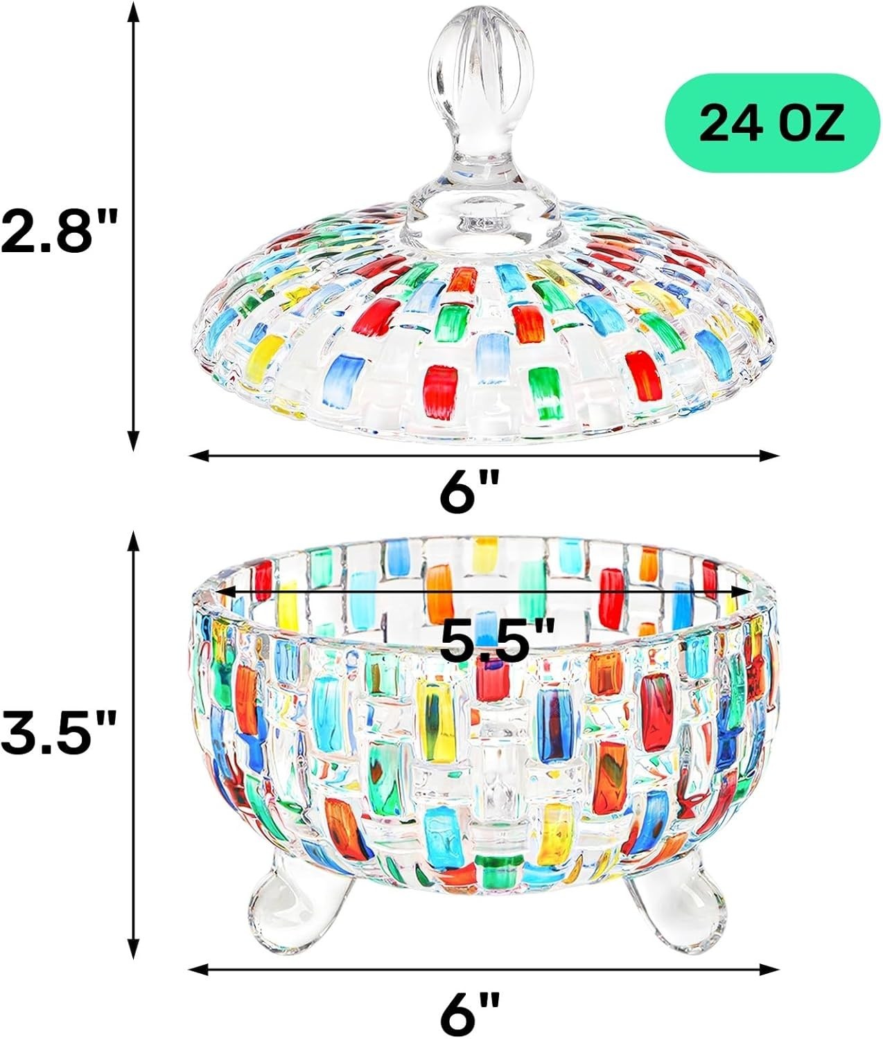 24 OZ Large Glass Candy Dish with Lid, Vintage Colorful Crystal Candy Bowl, D…