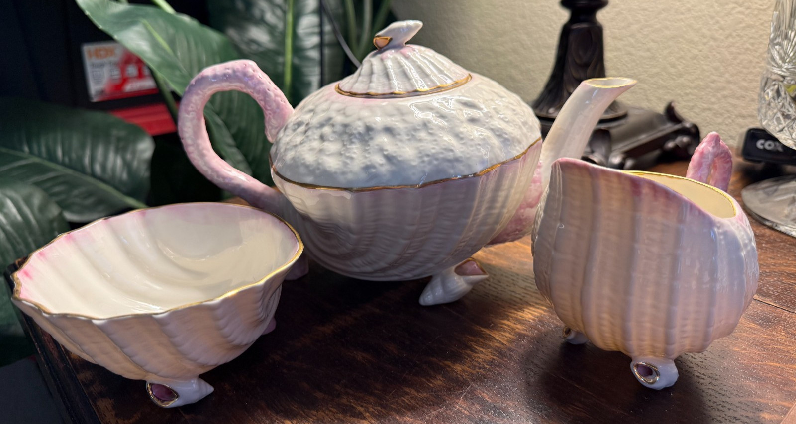 BELLEEK PINK NEPTUNE SEA SHELLS TEAPOT, SUGAR BOWL, CREAMER MINT CONDITION