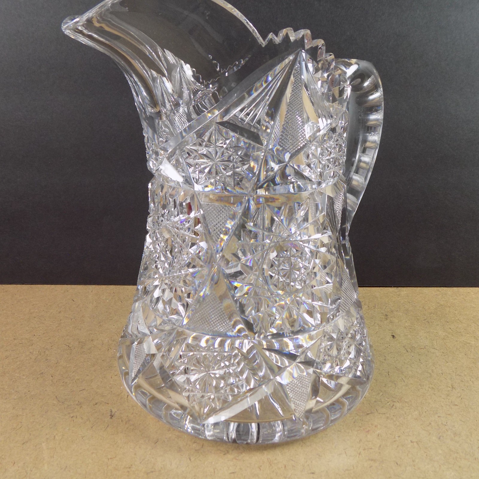 Antique American Brilliant Cut Glass Pitcher Hobstars VGC 8.25″ Tall Beauty!
