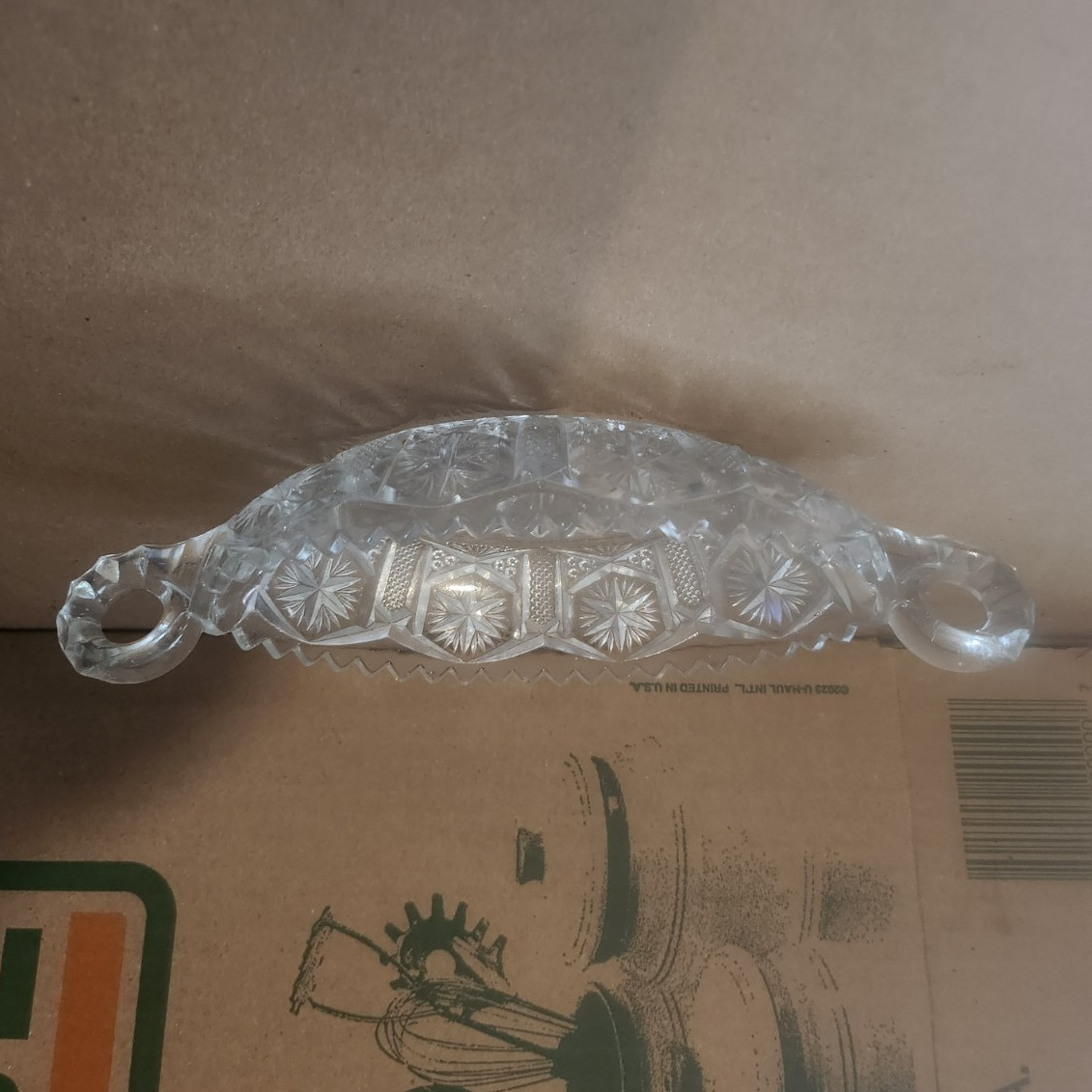 Crystal Glass Oval Candy Dish with Handles, Starburst Pattern