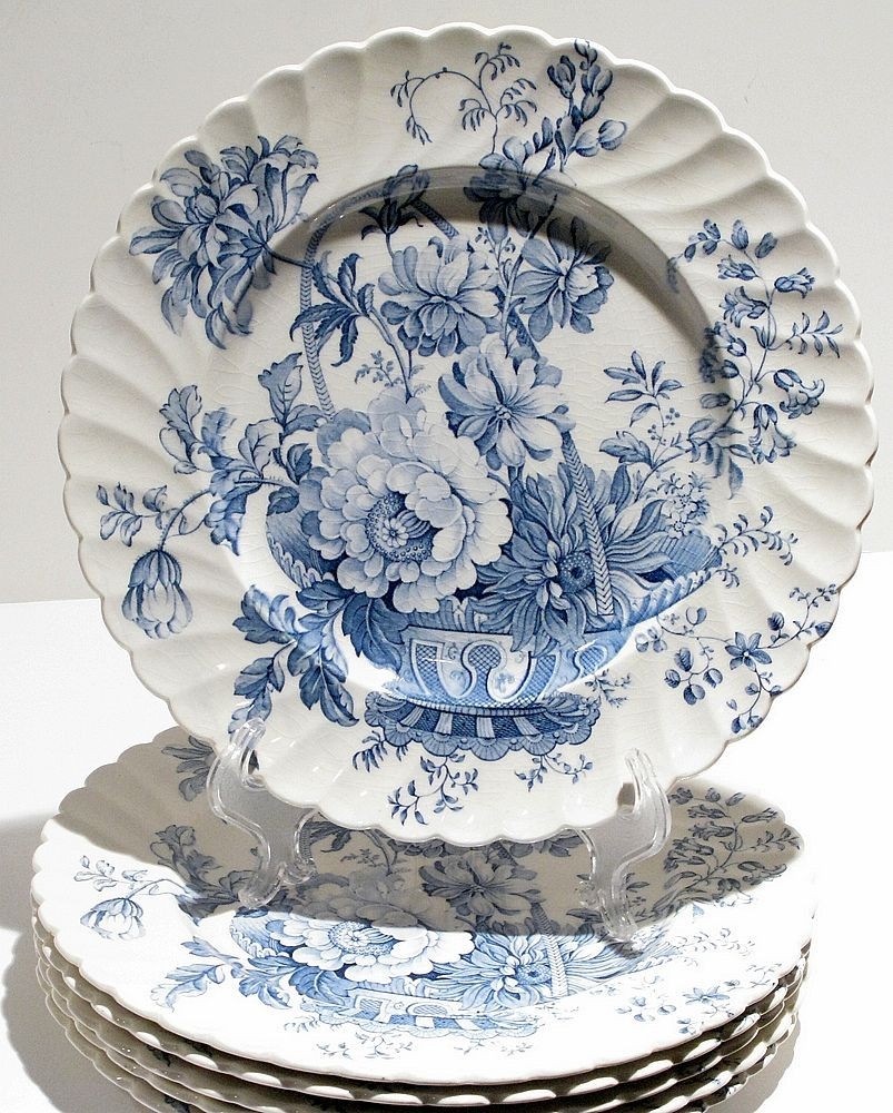 Set 6 Antique Clarice Cliff Charlotte Blue Transferware 10” Dinner Plate England