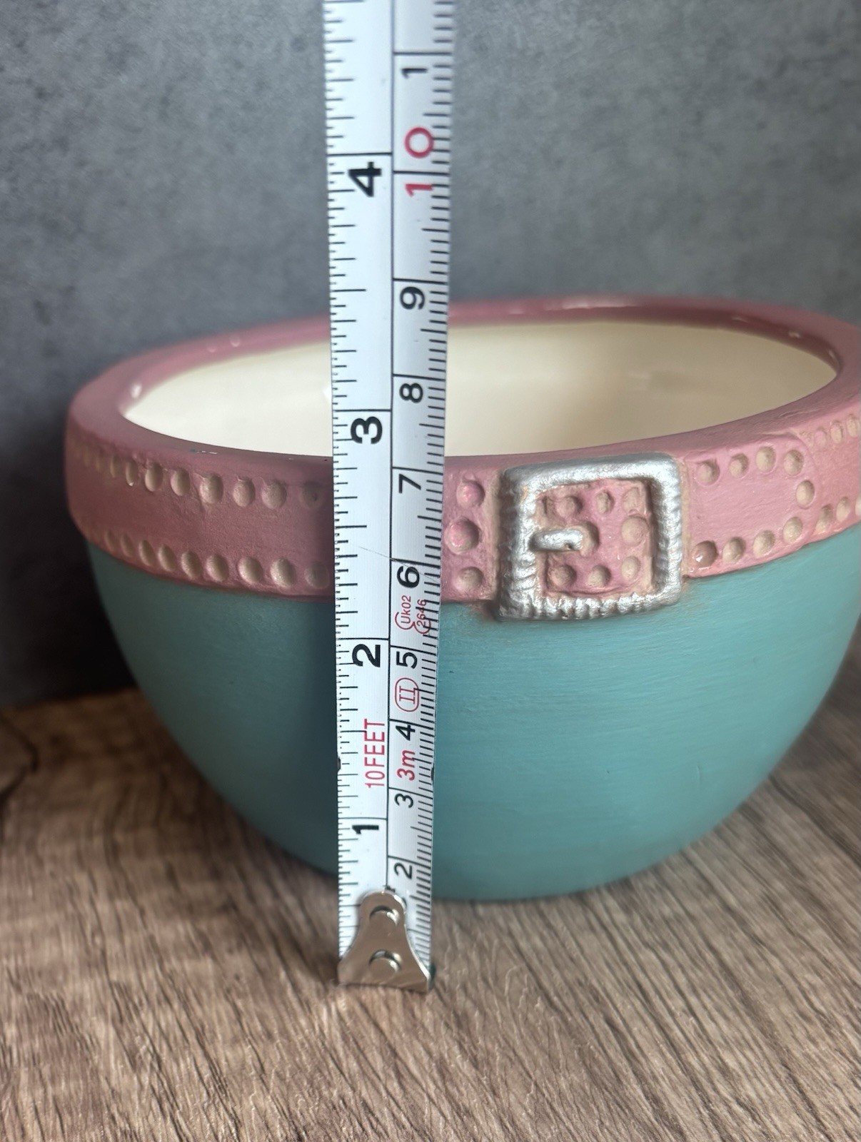 Handmade Art Pottery Belt Buckle Pattern Bowl Blue/Pink/White/Silver 4in JS ‘93