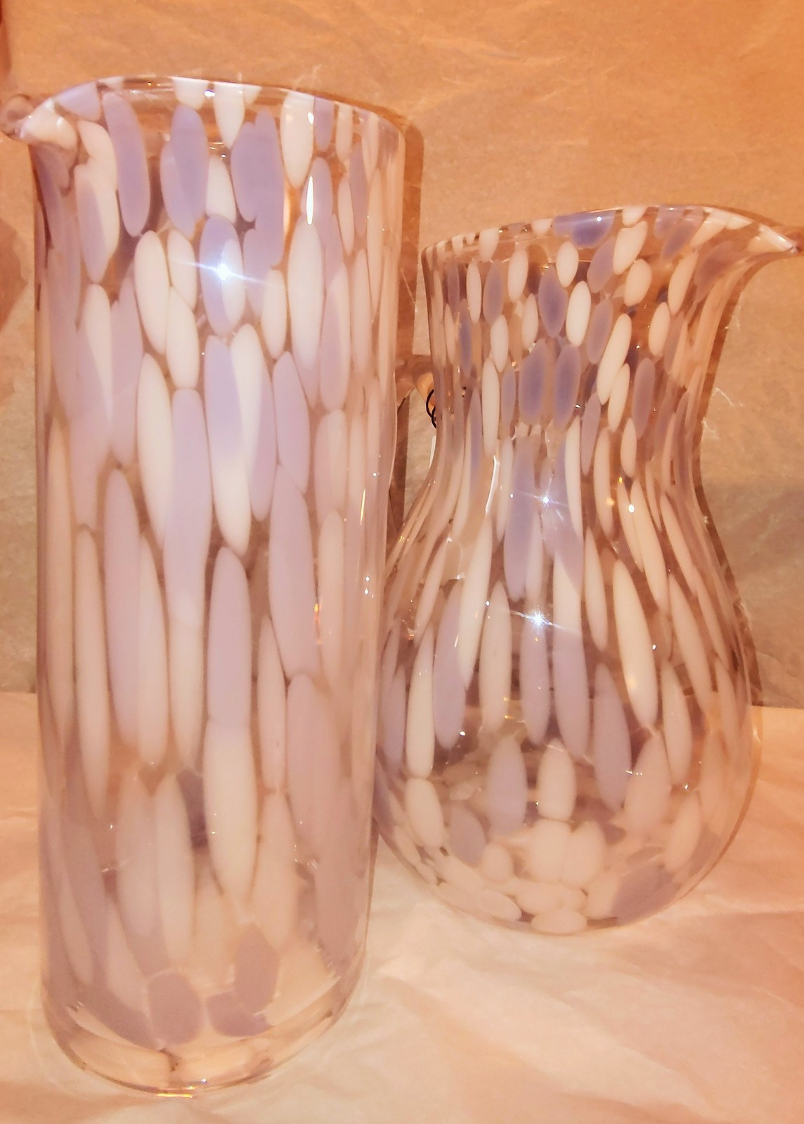 2 Quart Glass Pitcher for Martini Purple Drip Pattern Mixed Beverages 11” Tall