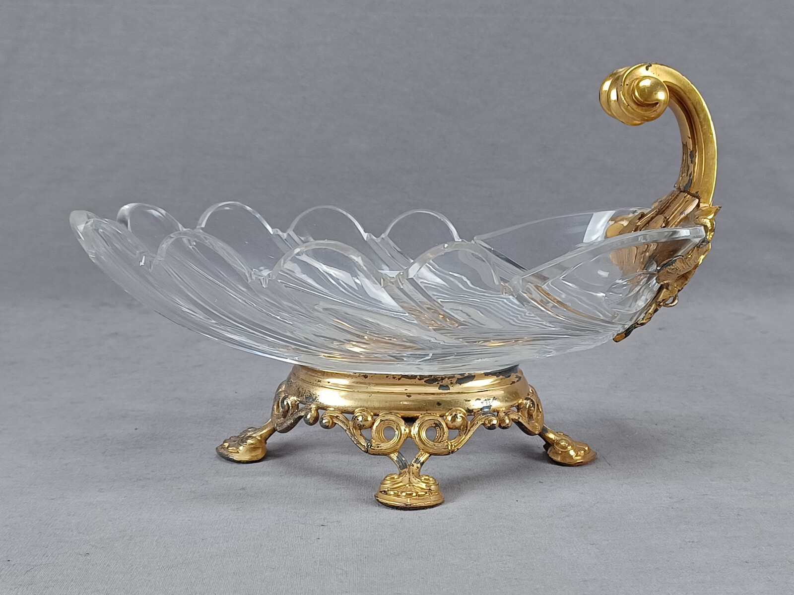 Antique French Cut Glass & Gilt Ormolu Neoclassical Shell Bowl Circa 1820s-1840s