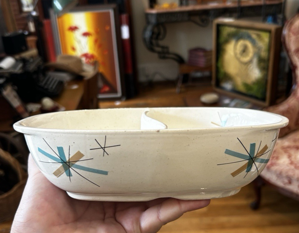 Vintage Salem China Hop Scotch Pink Footed Bowl MCM Atomic Starburst Free Form