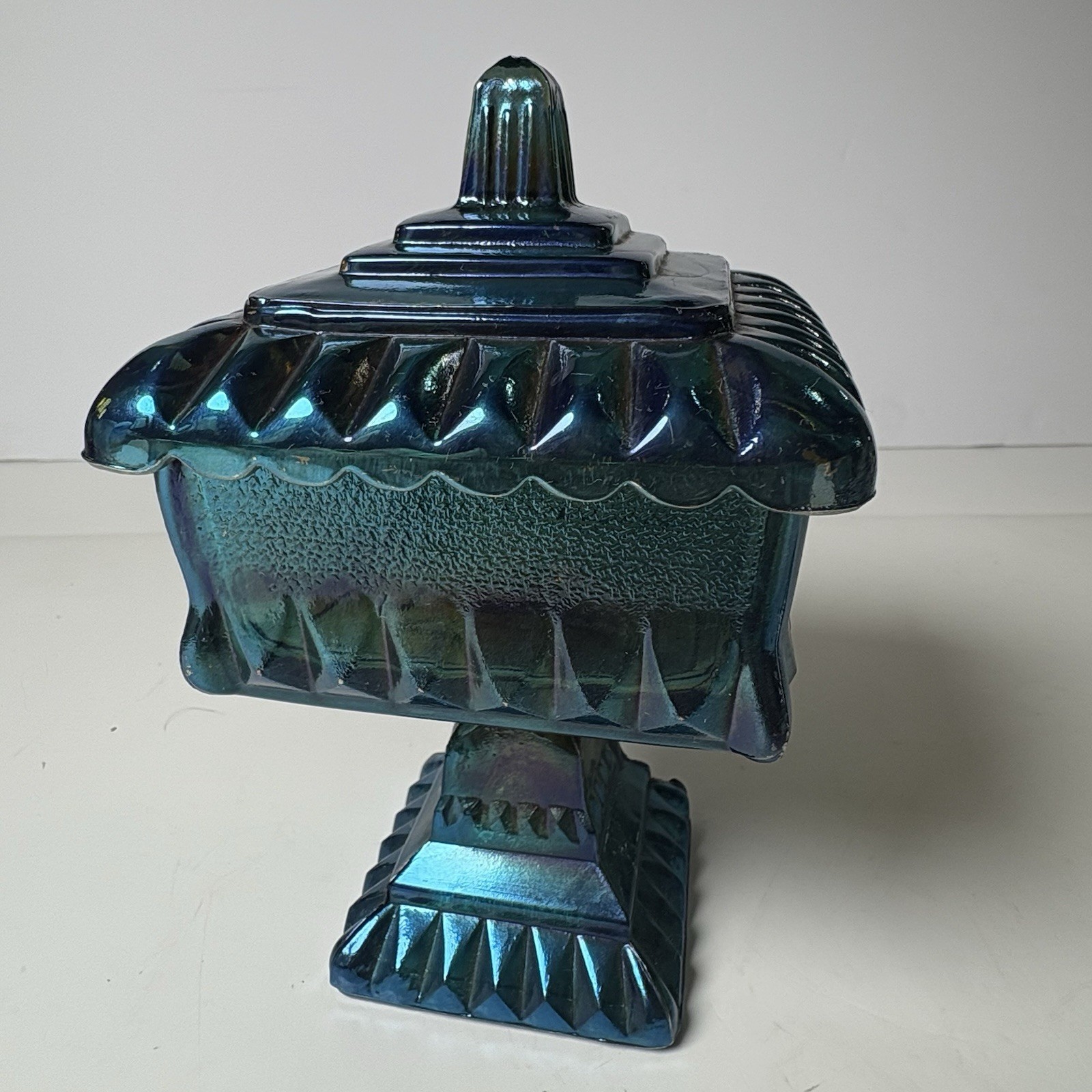 Vintage Jeannette Glass Wedding Cake Box Candy Dish Iridescent Blue Green 1960s