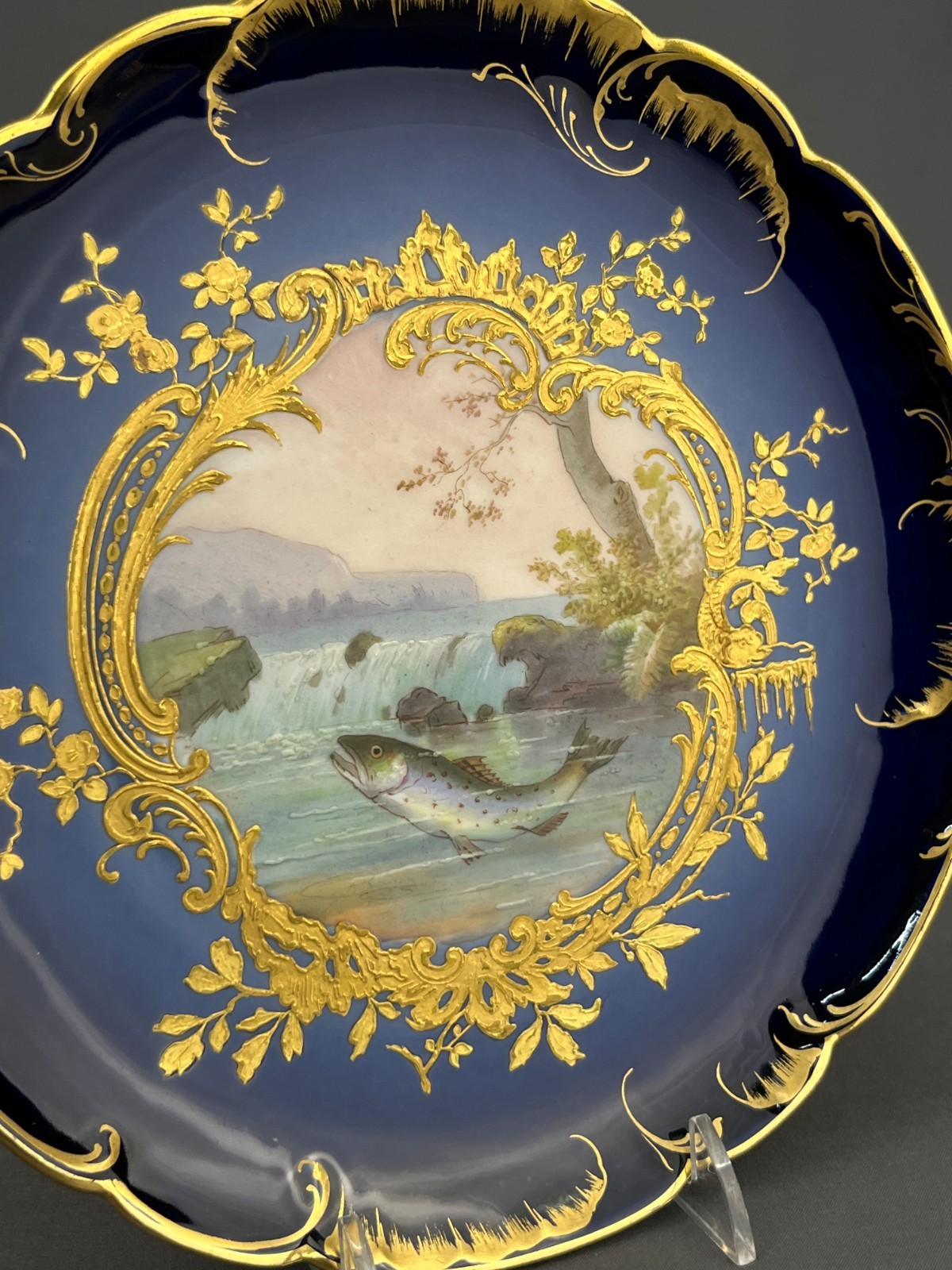 5 Haviland & Co. Hand-Painted 8 ½” Bleu de Four Gilt Fish Plates c. 1876-1899