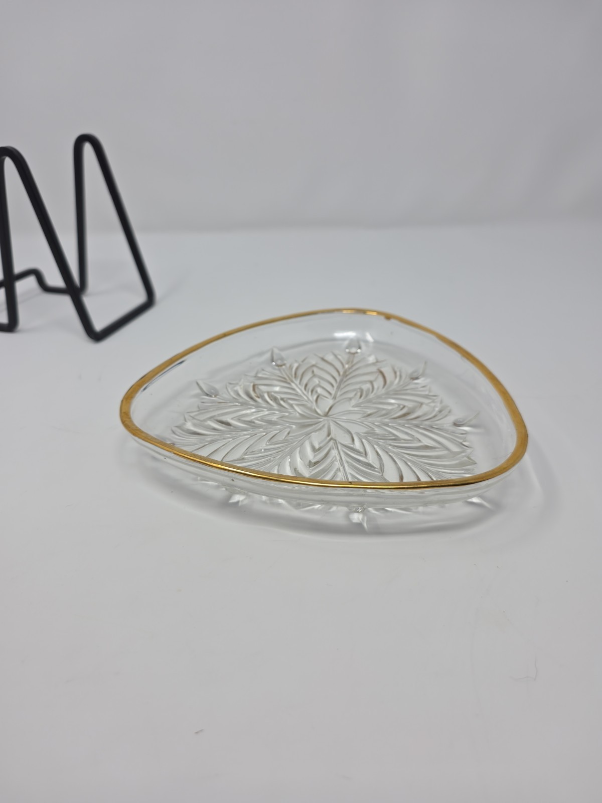 Vintage Triangle Shaped Glass Dish with Gold Trim