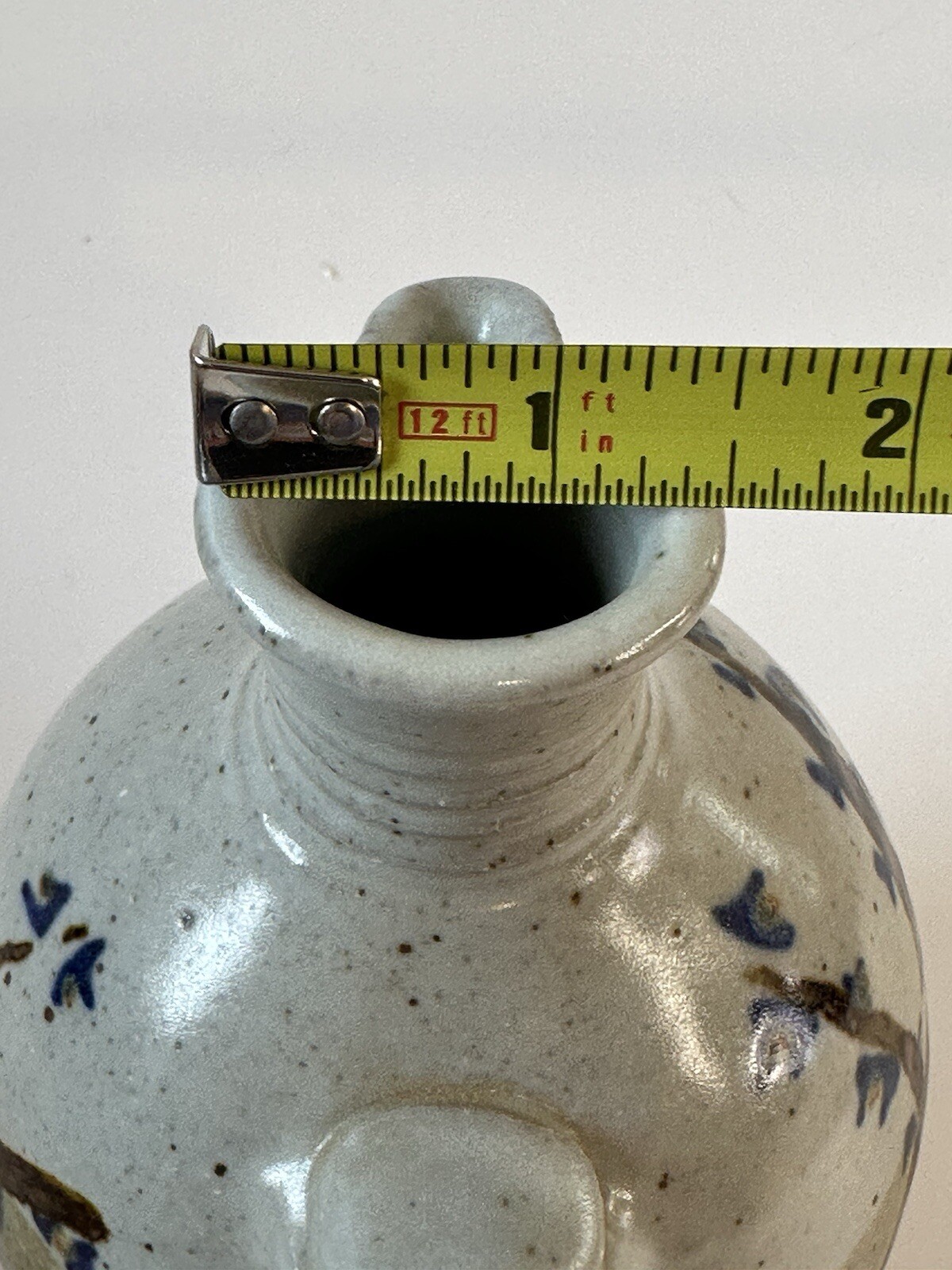 Signed AM stoneware jug, gray, tan, rust, blue, brown. Earthy Natural colors.