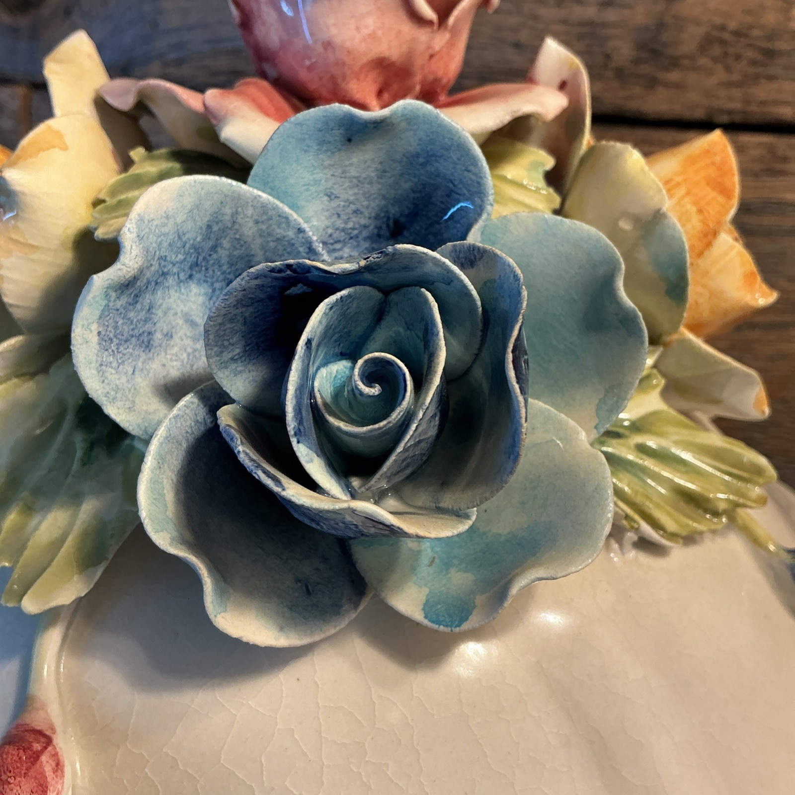 Vintage Italian Ceramic Centerpiece Bowl Capodimonte Style Floral 12” Crown N