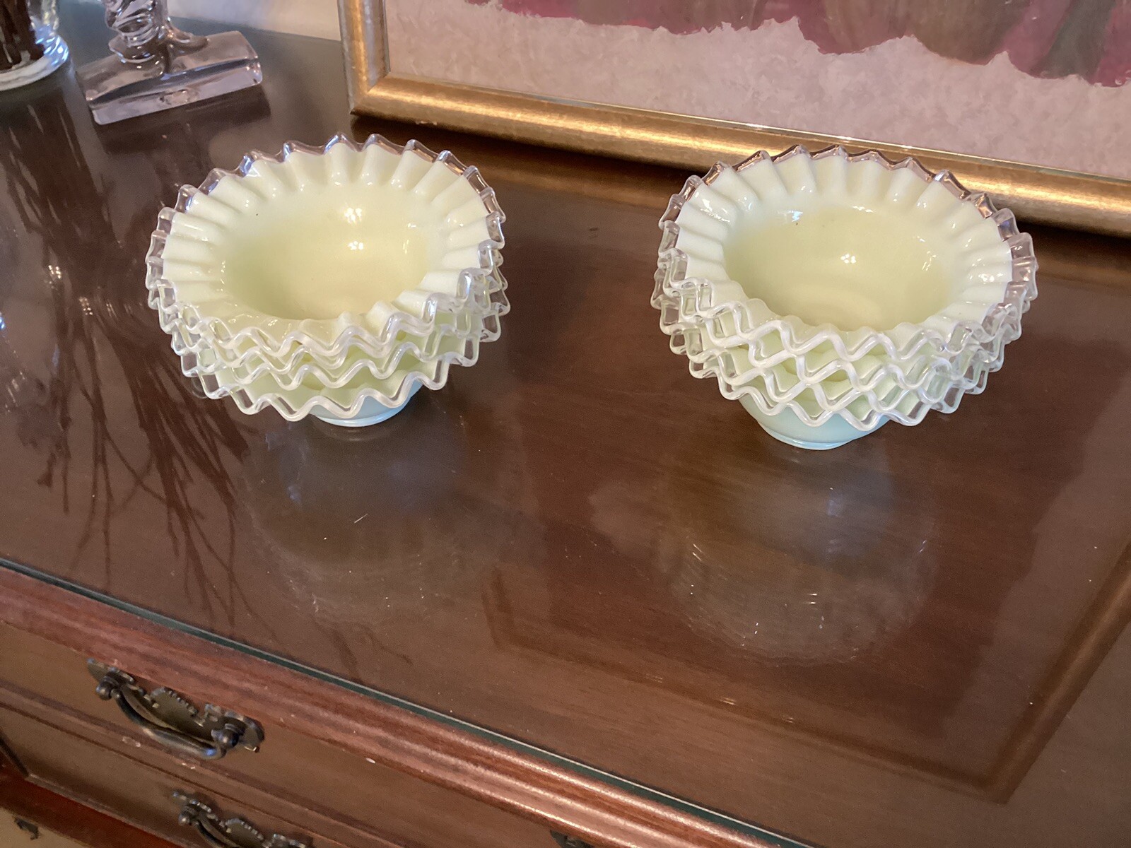 Fenton Glass Crested Opalescent Yellow /Green Pastel Milk Glass Bowls