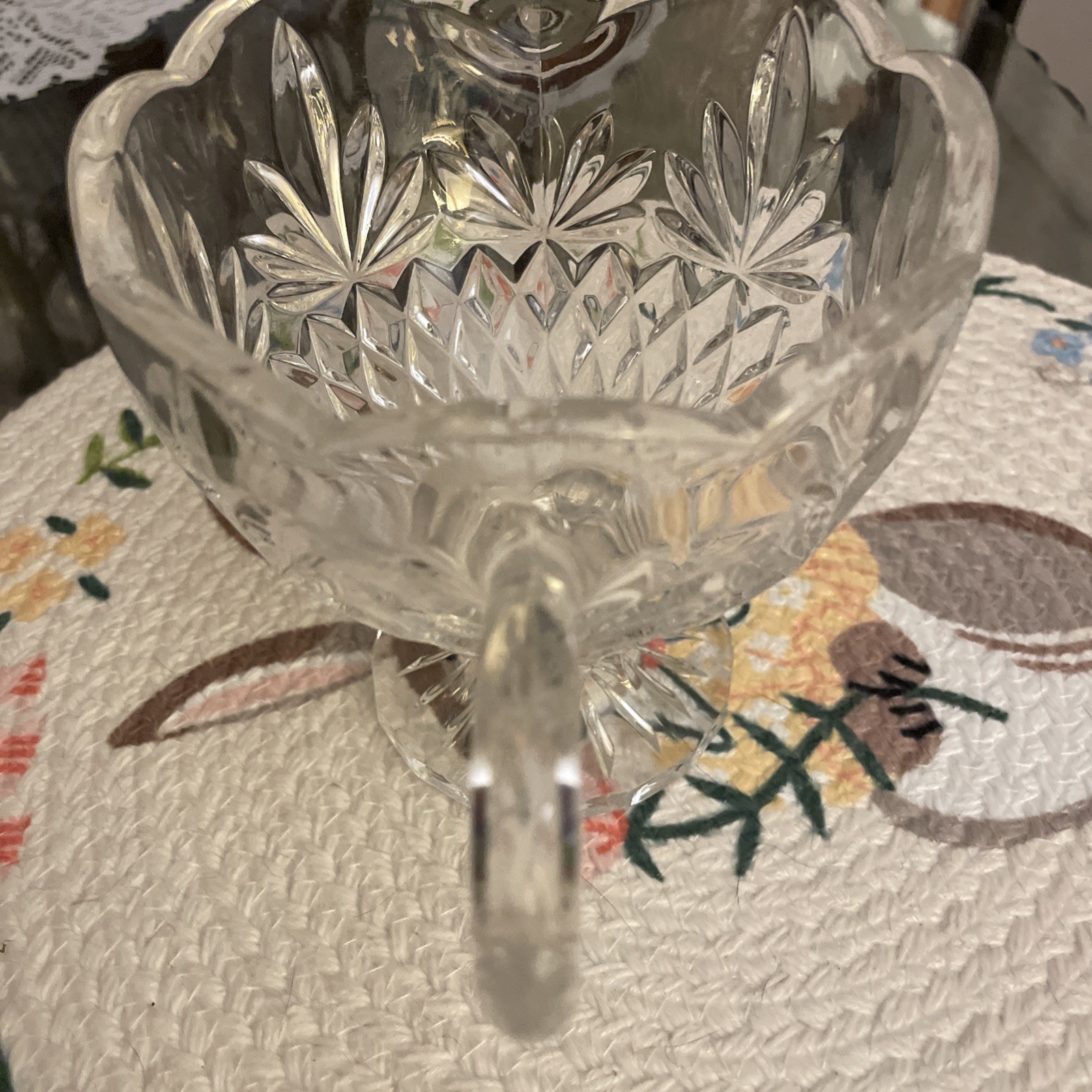 Clear Cut Glass Gravy Boat with Handle, Etched Patterns, Glossy Finish