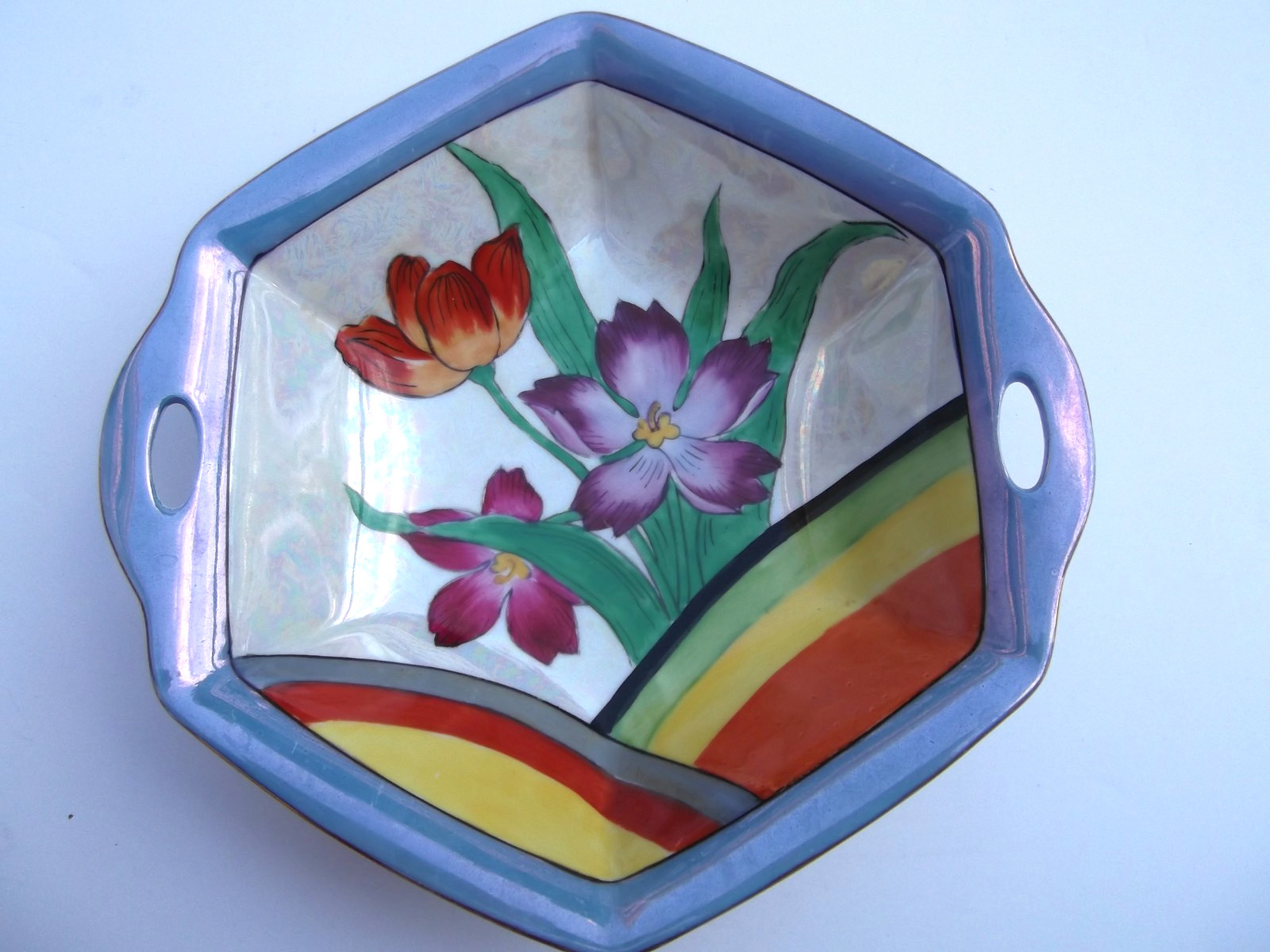 Japan Art Deco Lusterware Rainbow and Flowers 9.5″ Bowl Hand Painted Hexagon