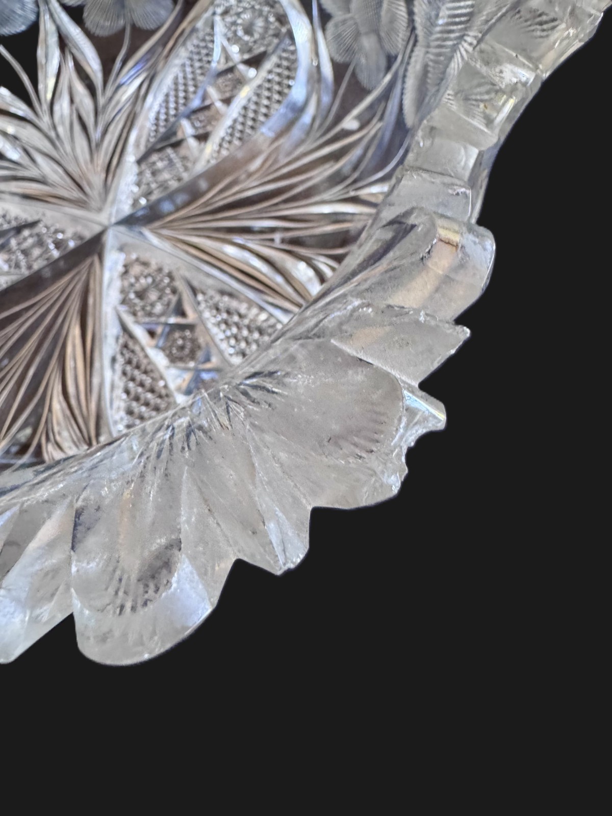 American Brilliant Period ABP Cut Glass Bowl Floral Intaglio Sawtooth 10″