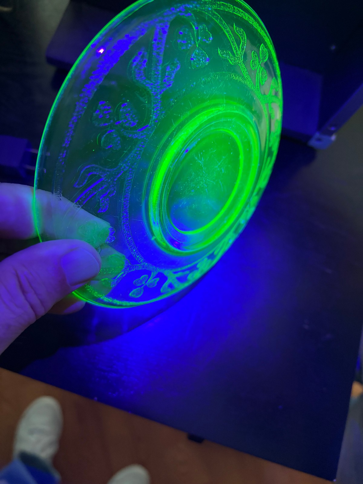 5.75″ Uranium glass plates with floral pattern, set of 2