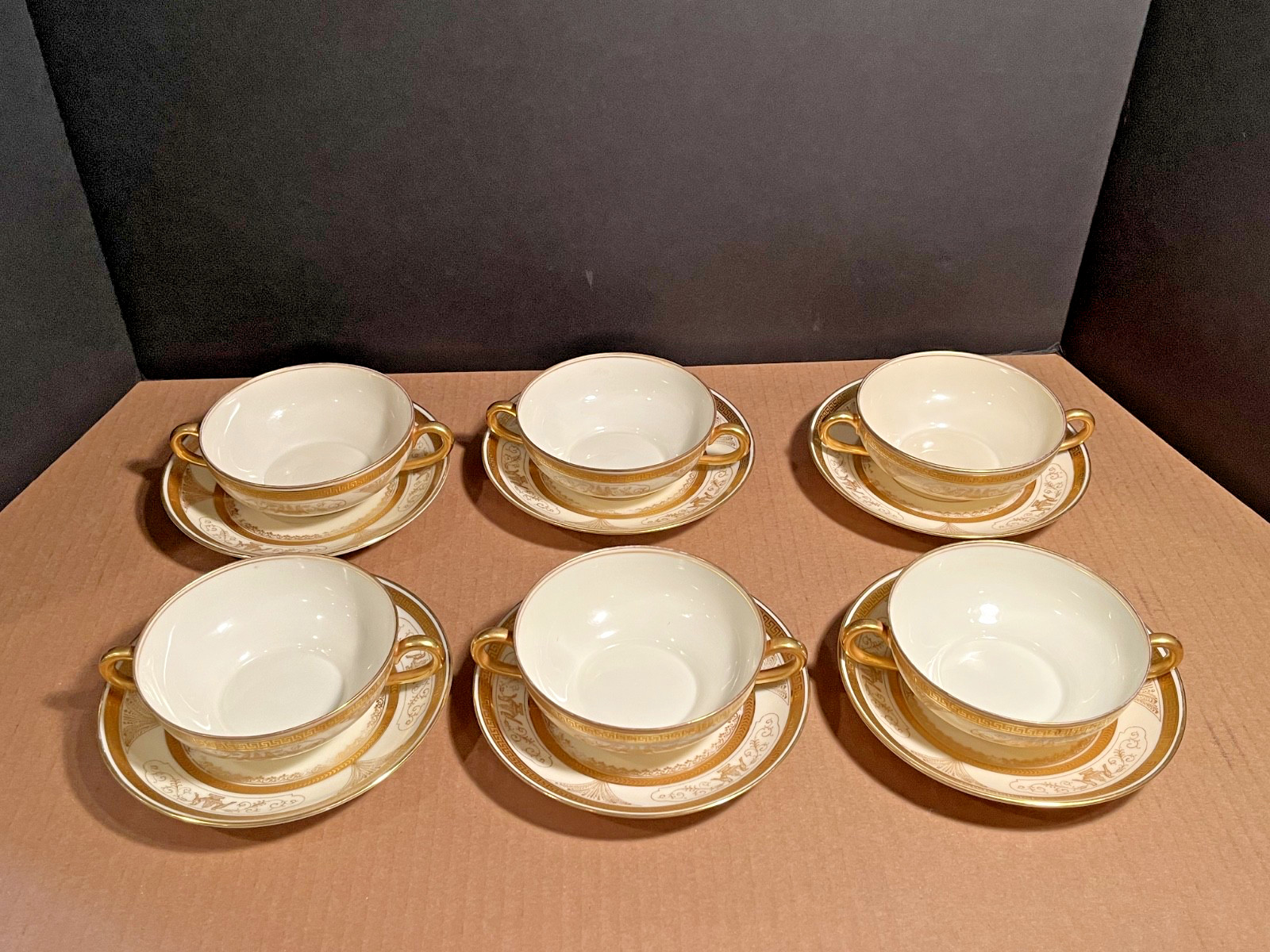 Antique Pirkenhammer Gold Encrusted Bouillon Cream Soup Cups Saucers Set of Six