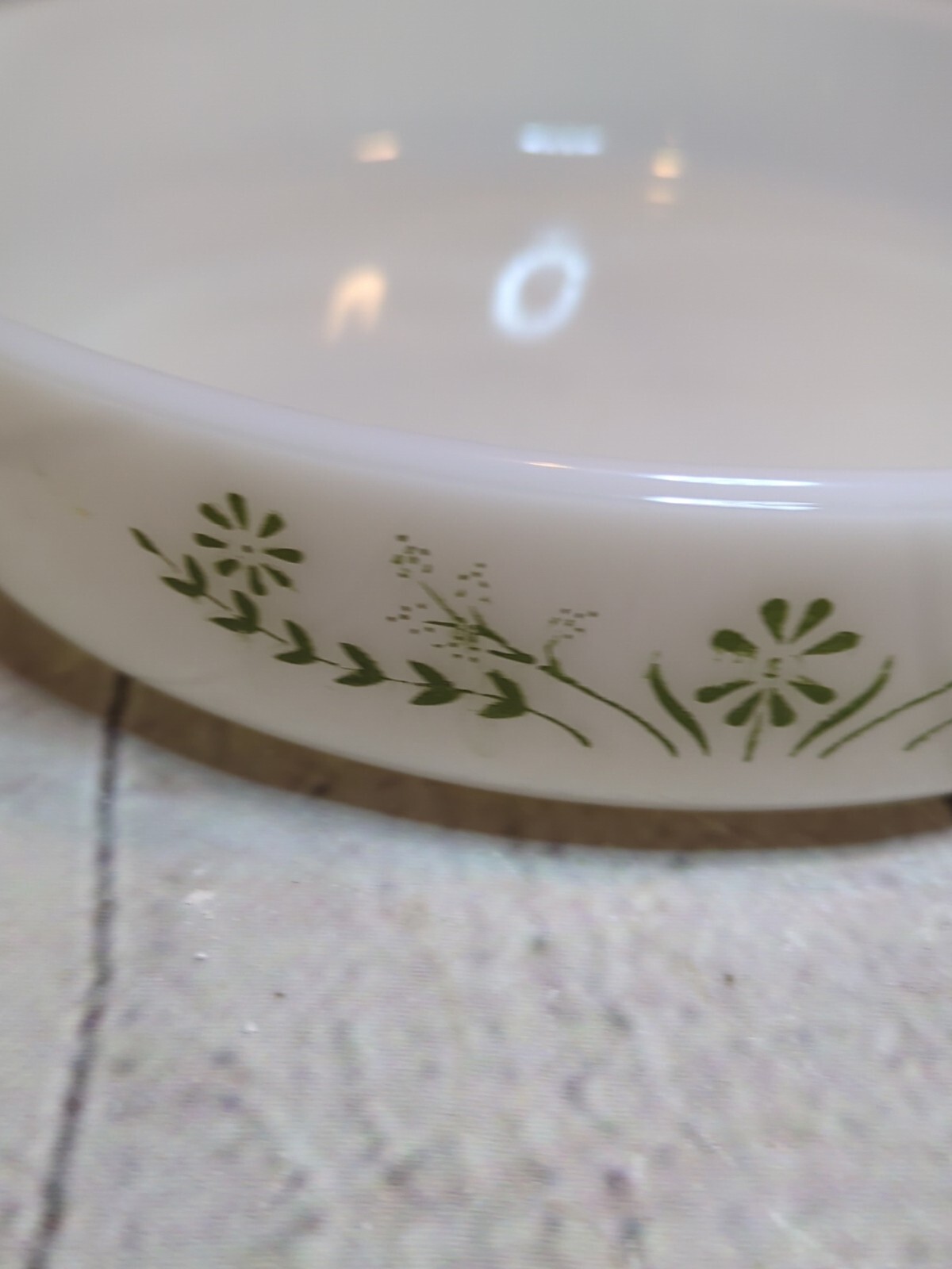 Vintage Glasbake 8.75” Round Green Flower And White Casserole Dish With Handles.