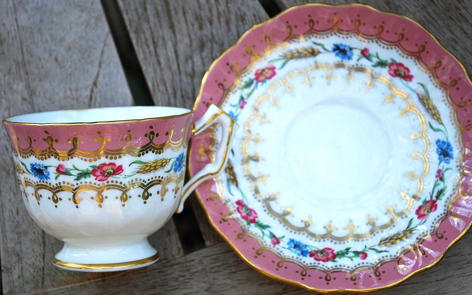 Vtg AYNSLEY ENGLAND Footed Teacup & Saucer HARVEST WHEAT/PINK FLORAL Bone China