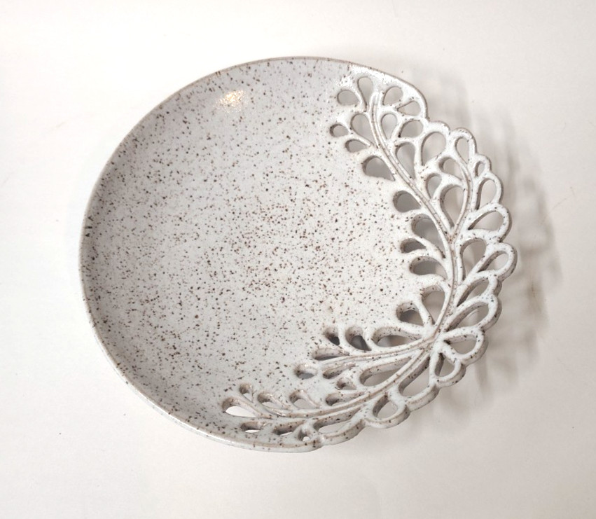 Pretty Speckled Glazed Cut Out Footed Pottery Dish