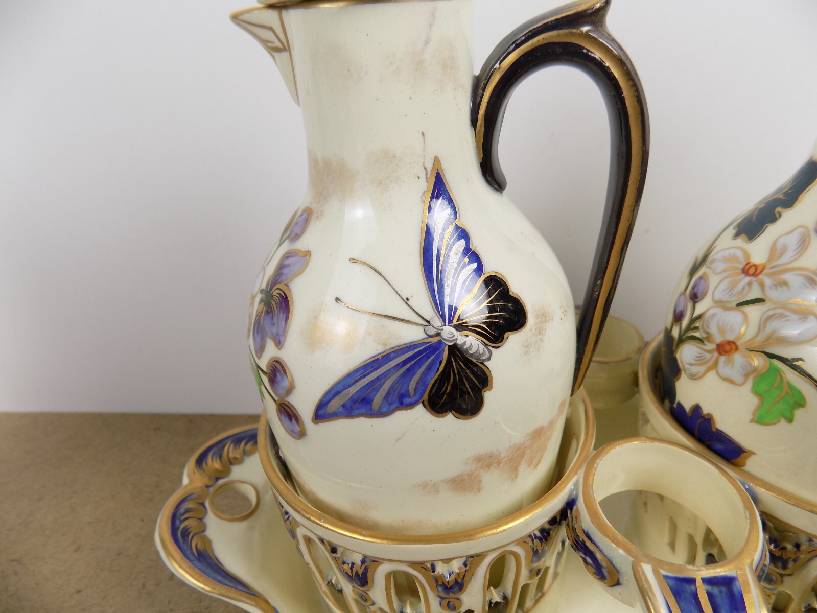 Antique Keller & Guerin Luneville Cruet Set Butterfly & Flower France