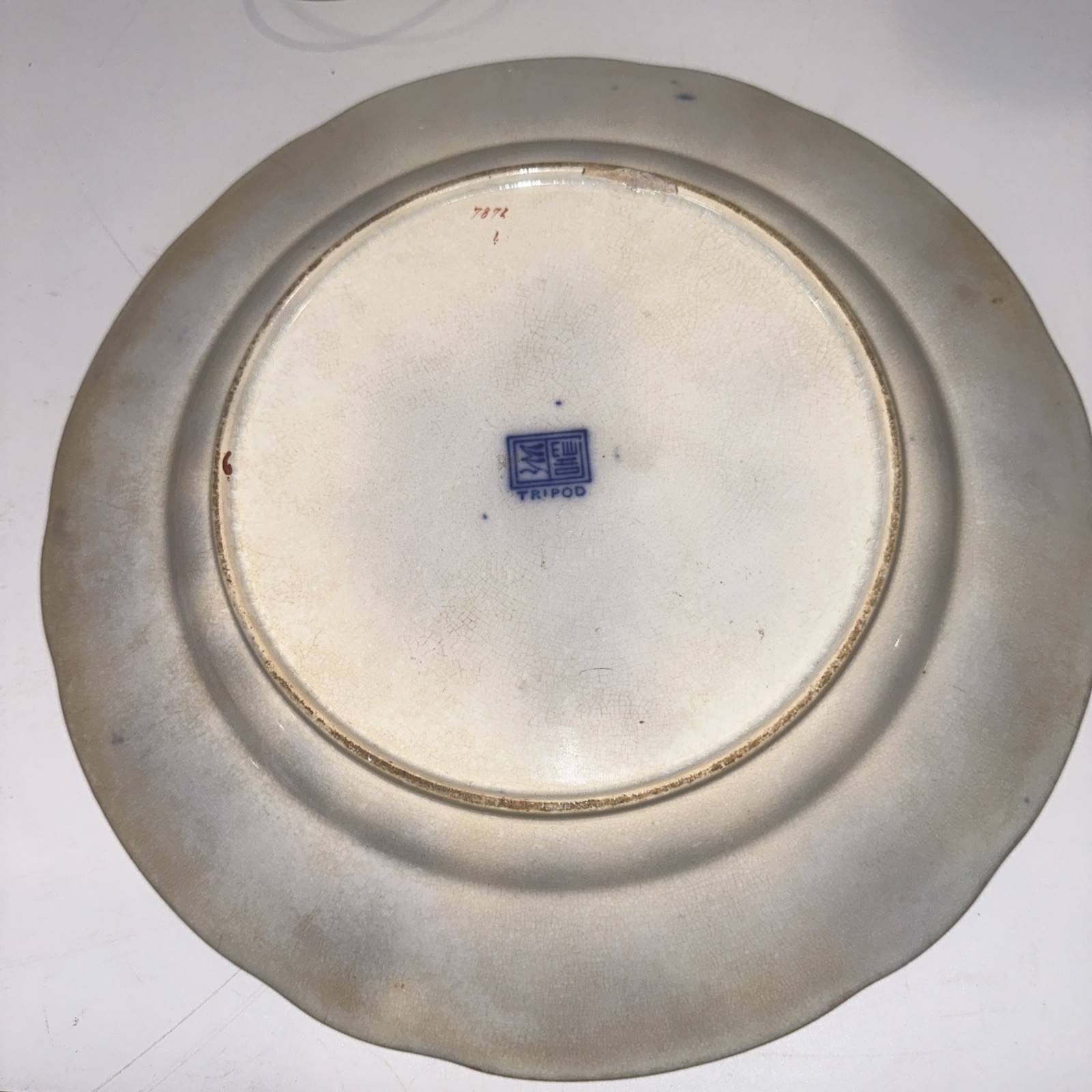 Antique c1910 Porcelain POLYCHROME FLOW BLUE 10 1/4” Plate Marked TRIPOD
