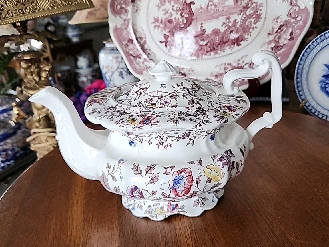 19thc Antique Brown Transferware Polychrome Porcelain Teapot