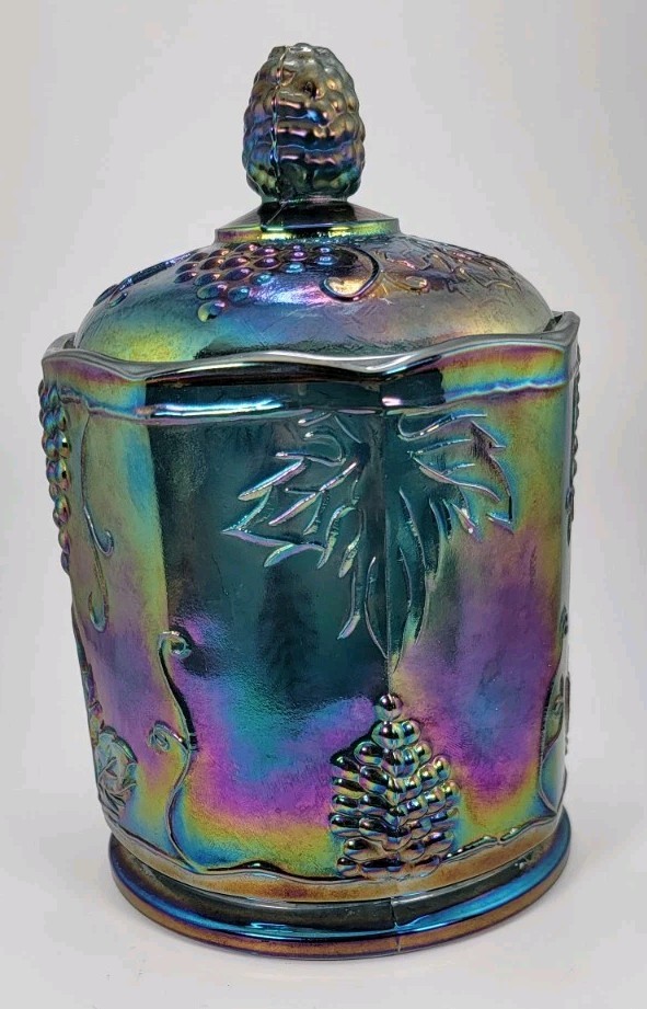 Vintage Indiana Blue Grape Harvest Carnival Glass Candy Canister Lid Chipped