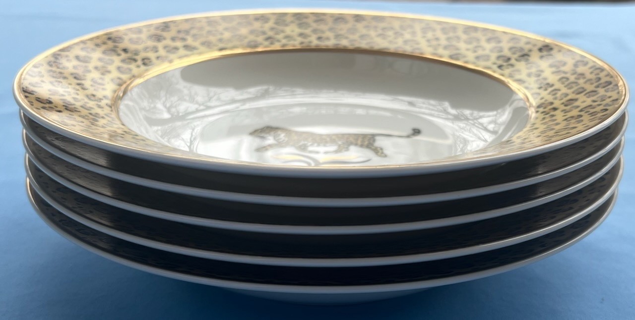 Set of FIVE Lynn Chase Amazonian Jaguar 9 1/8 Inch Flat Soup Bowls