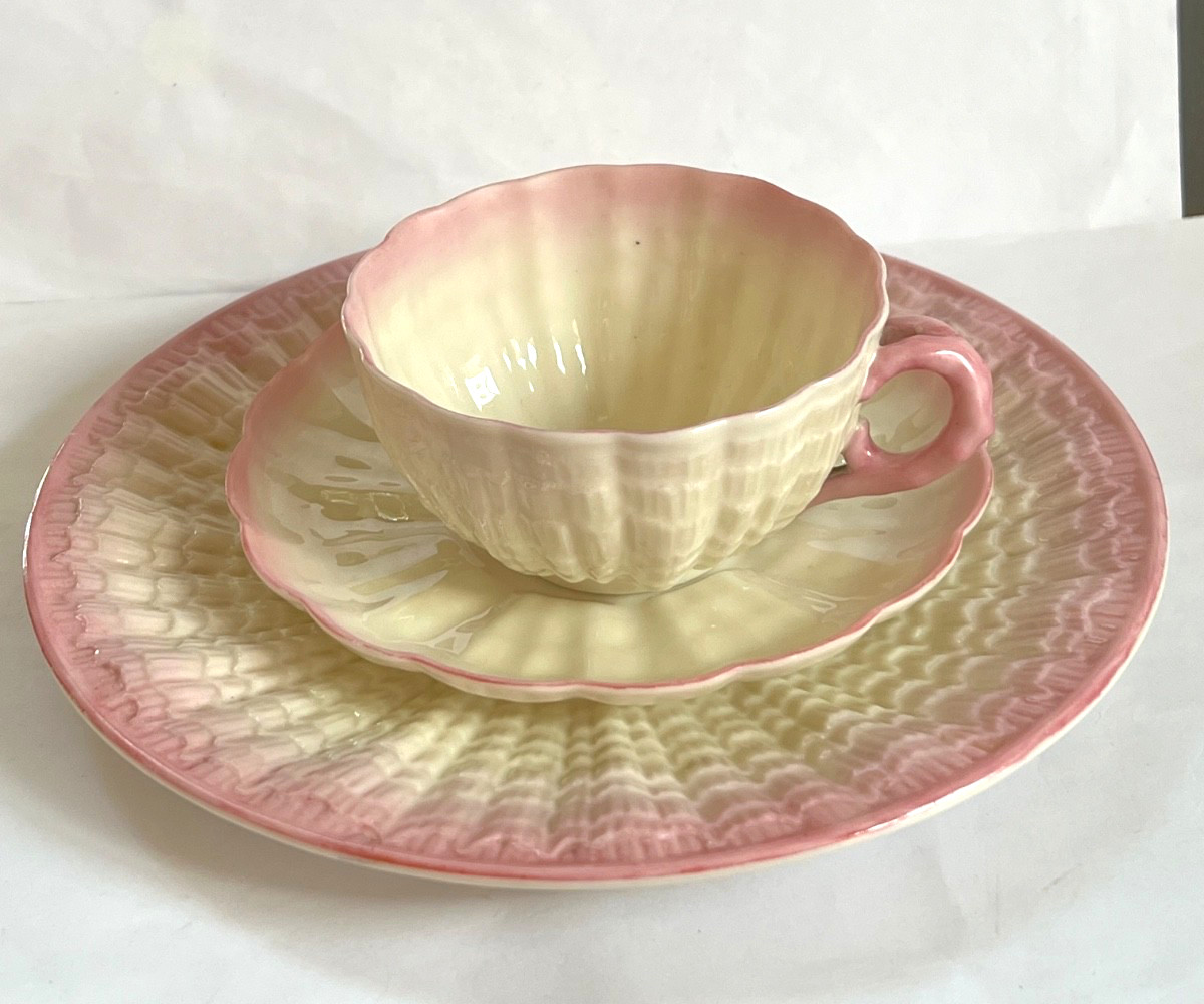TRIO of IRISH BELLEEK Pink TRIDACNA Cup & Saucer & 7 1/2″ Plate – 1st Black Mark