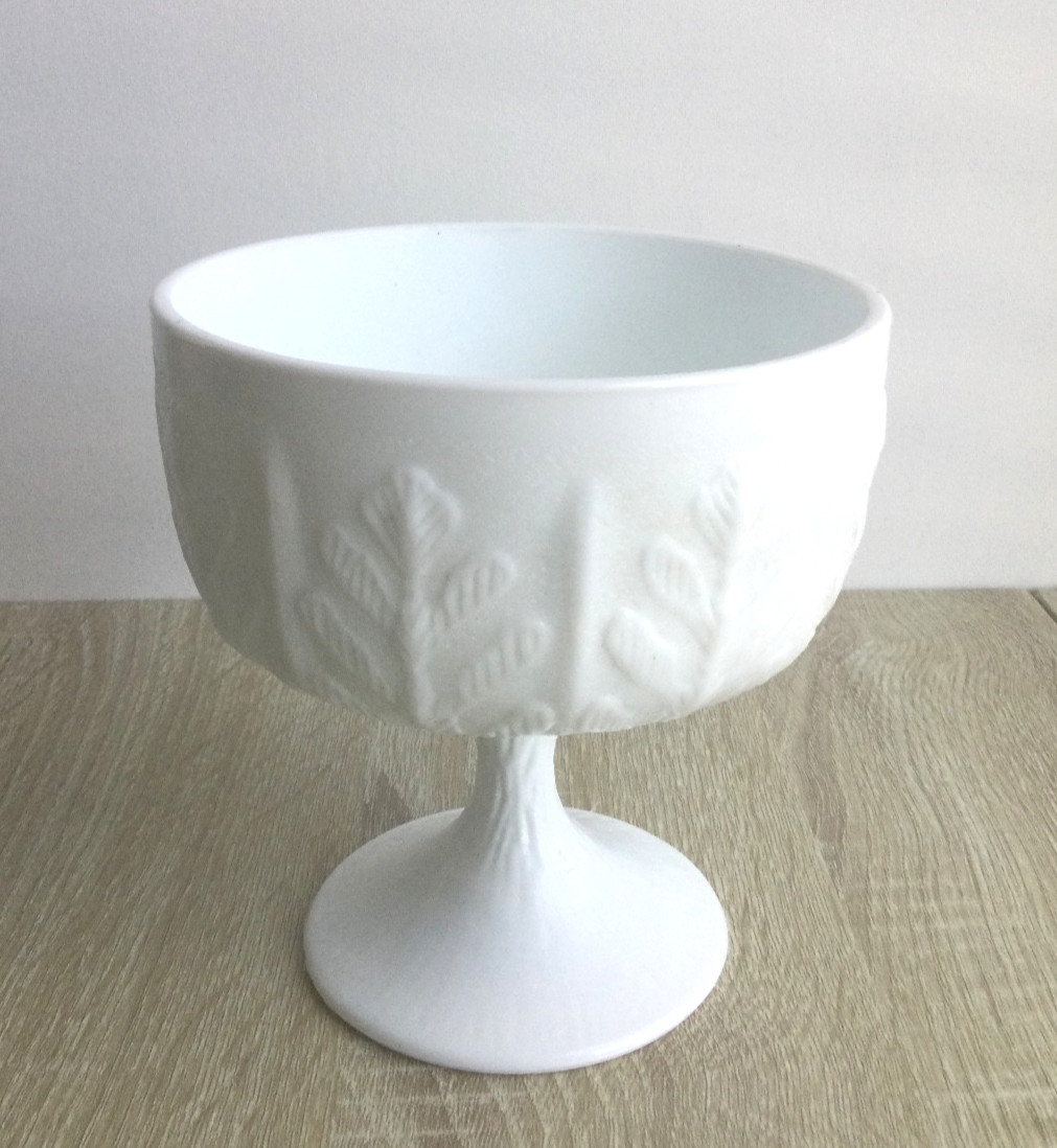 Vintage FTD White Milk Glass Large Pedestal Compote Oak Leaf Pattern