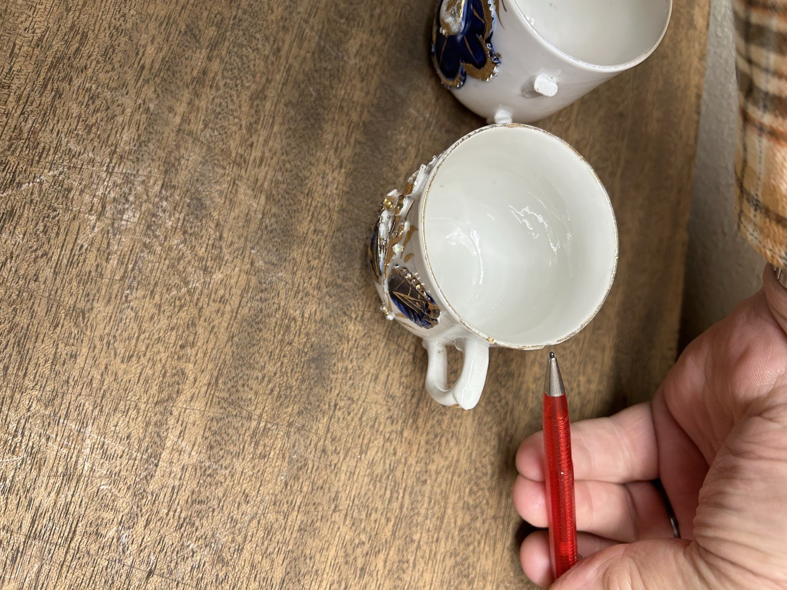 Antique Germany cobalt blue white gold rust Demitasse Cup applied Flowers Leaves