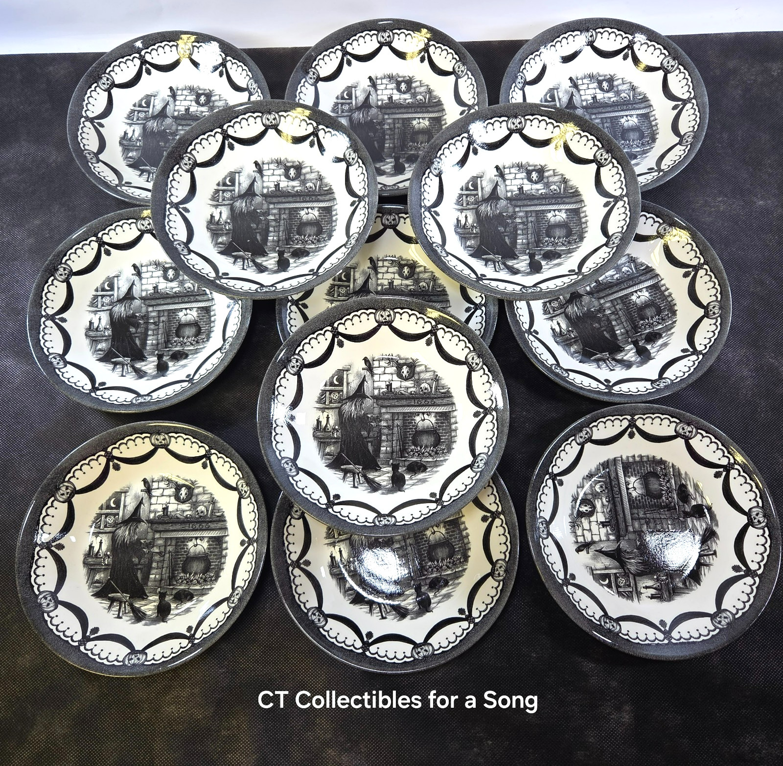New Set 12 Royal Stafford Haunted Home Cereal Bowls 7 1/2″ Black & White in Box
