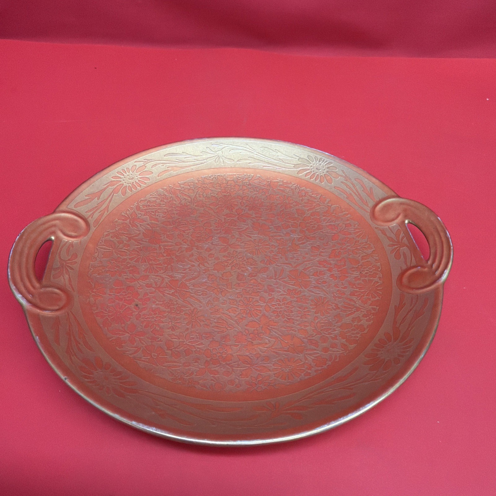 Vintage Gold Gilt Porcelain Handled Serving Plate Floral Etched 7.35” Round Tray