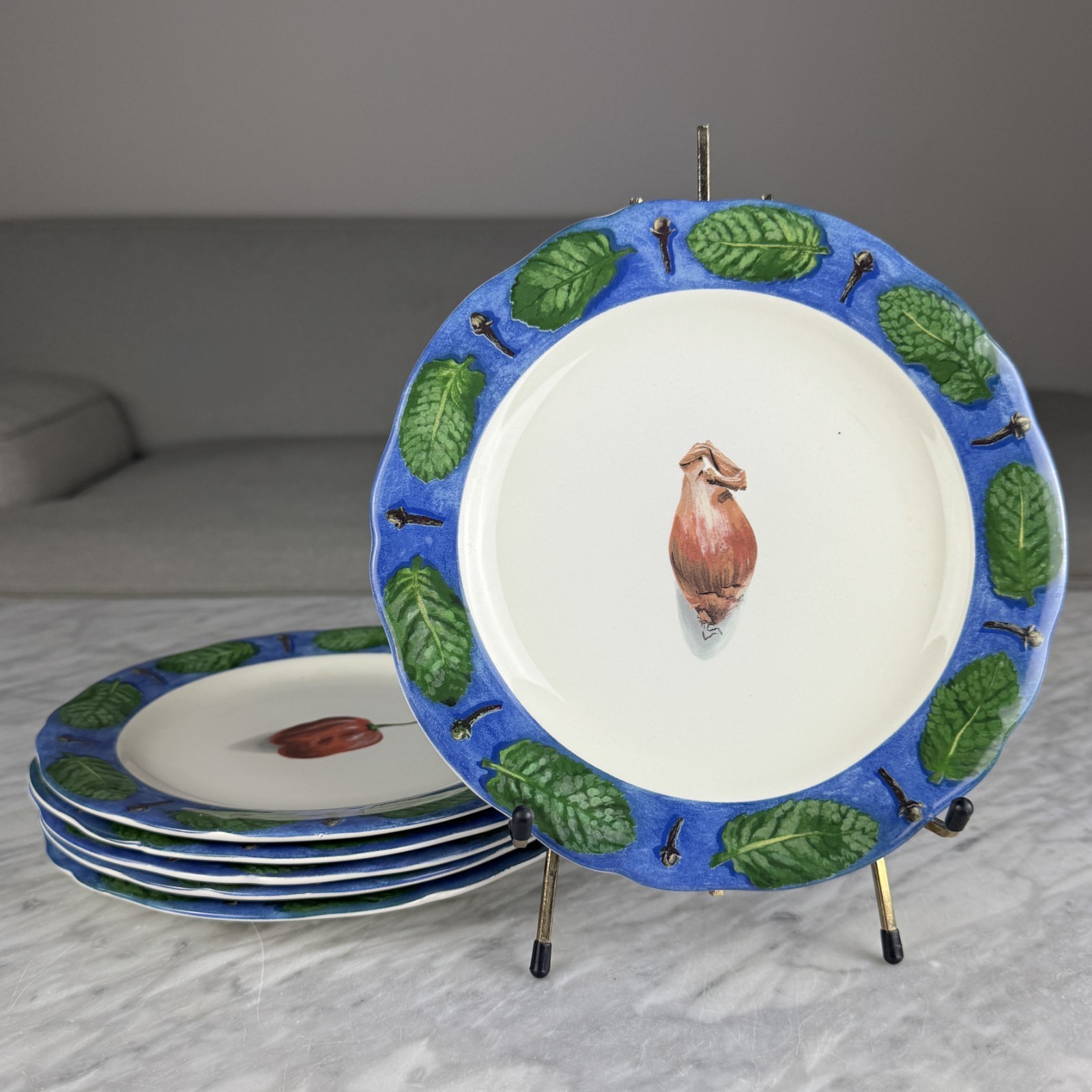 Set Of 6 POIVRE ET SEL BLUE Salad Plates 8.75″ Vintage Faiencerie De Gien France