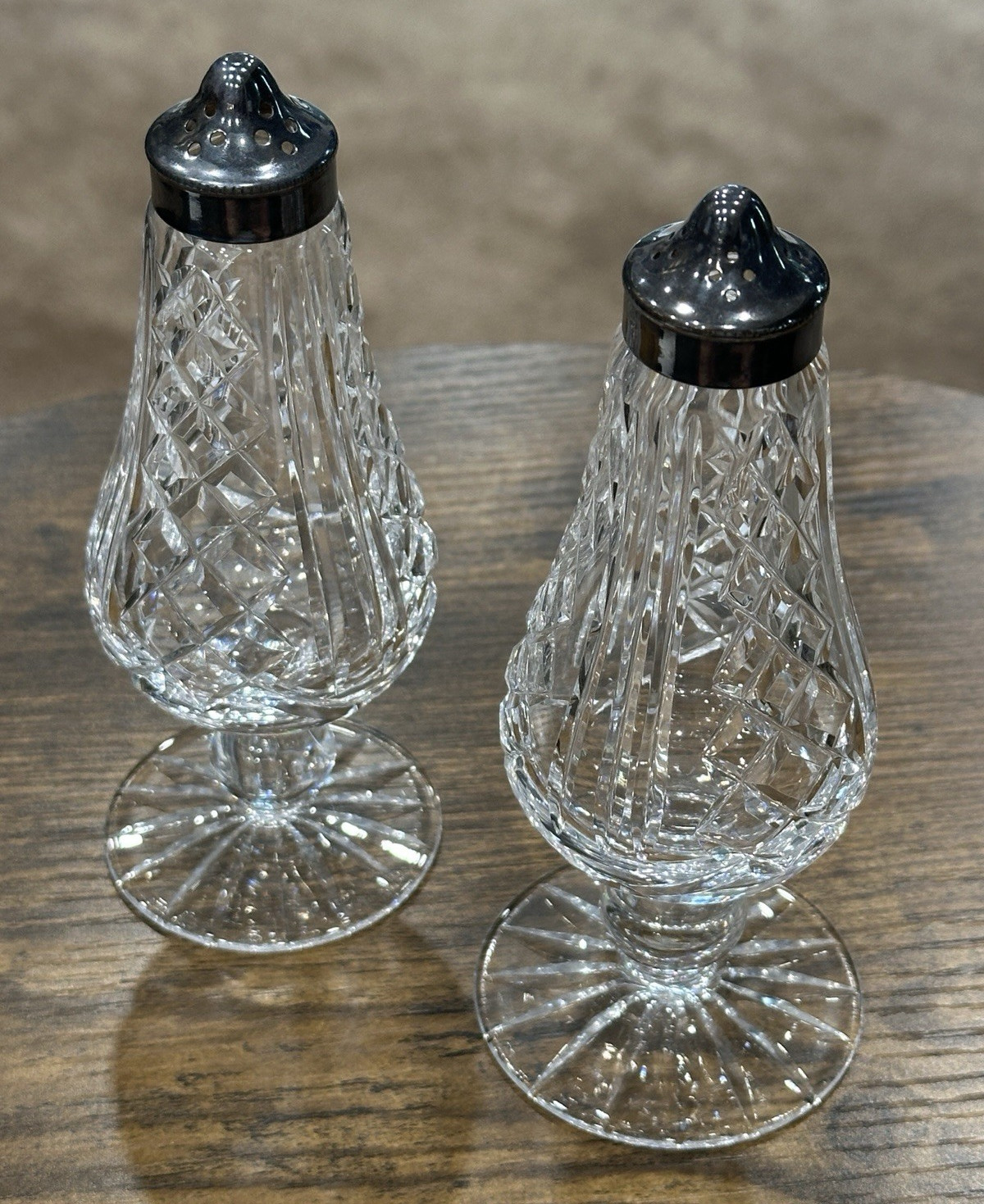 Vintage Waterford Crystal Lismore Salt & Pepper Shakers Set of 2 w/ Silver Metal